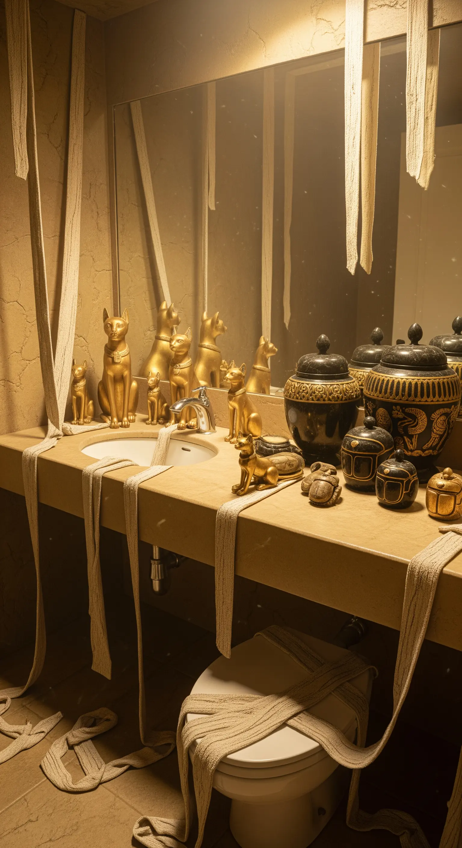Badezimmer im Mumien-Stil mit Toilettenpapier-Bandagen, goldenen Katzen und Urnen