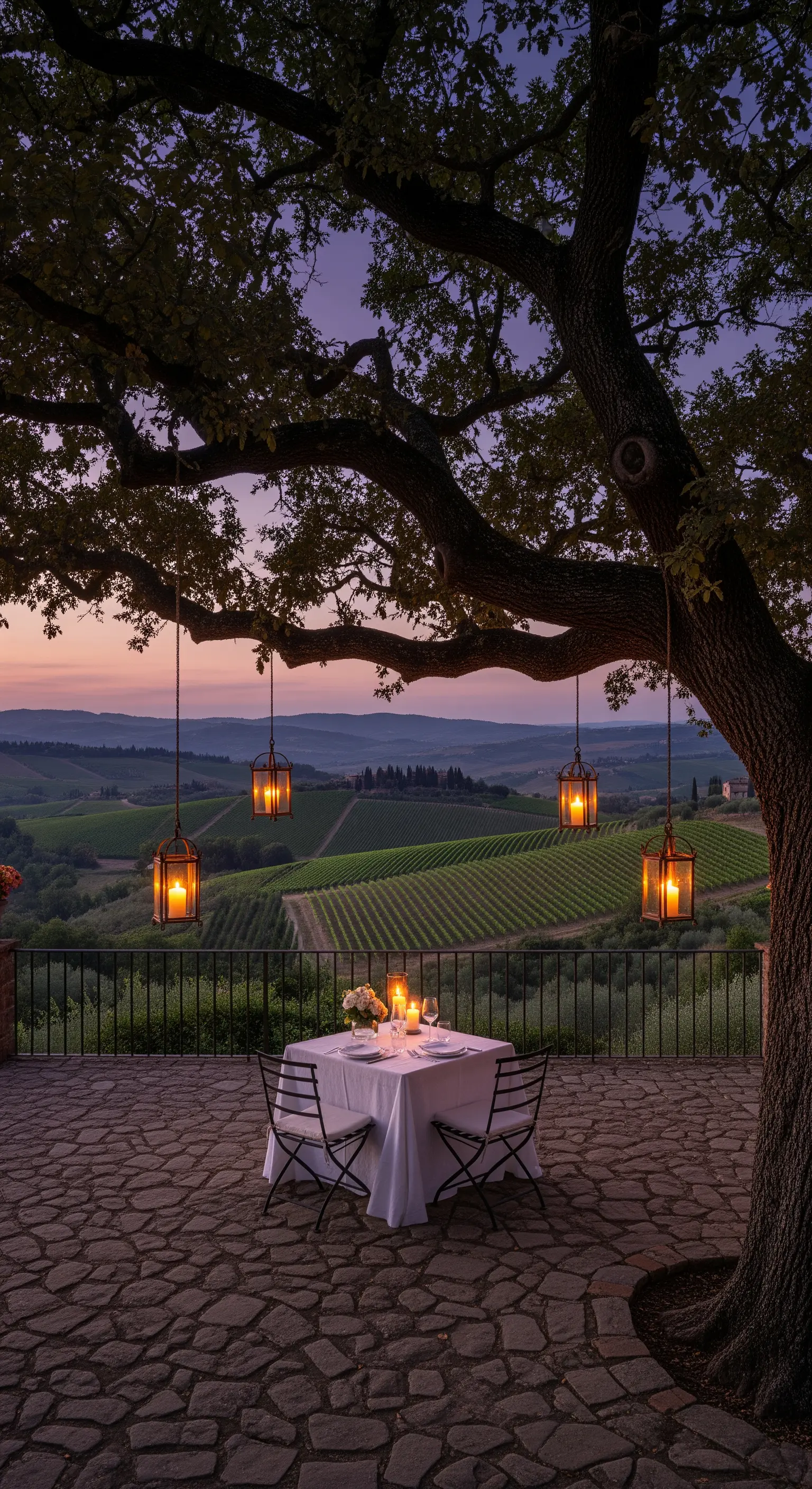 Romantischer Esstisch unter einem alten Baum mit hängenden Laternen und Weinblick