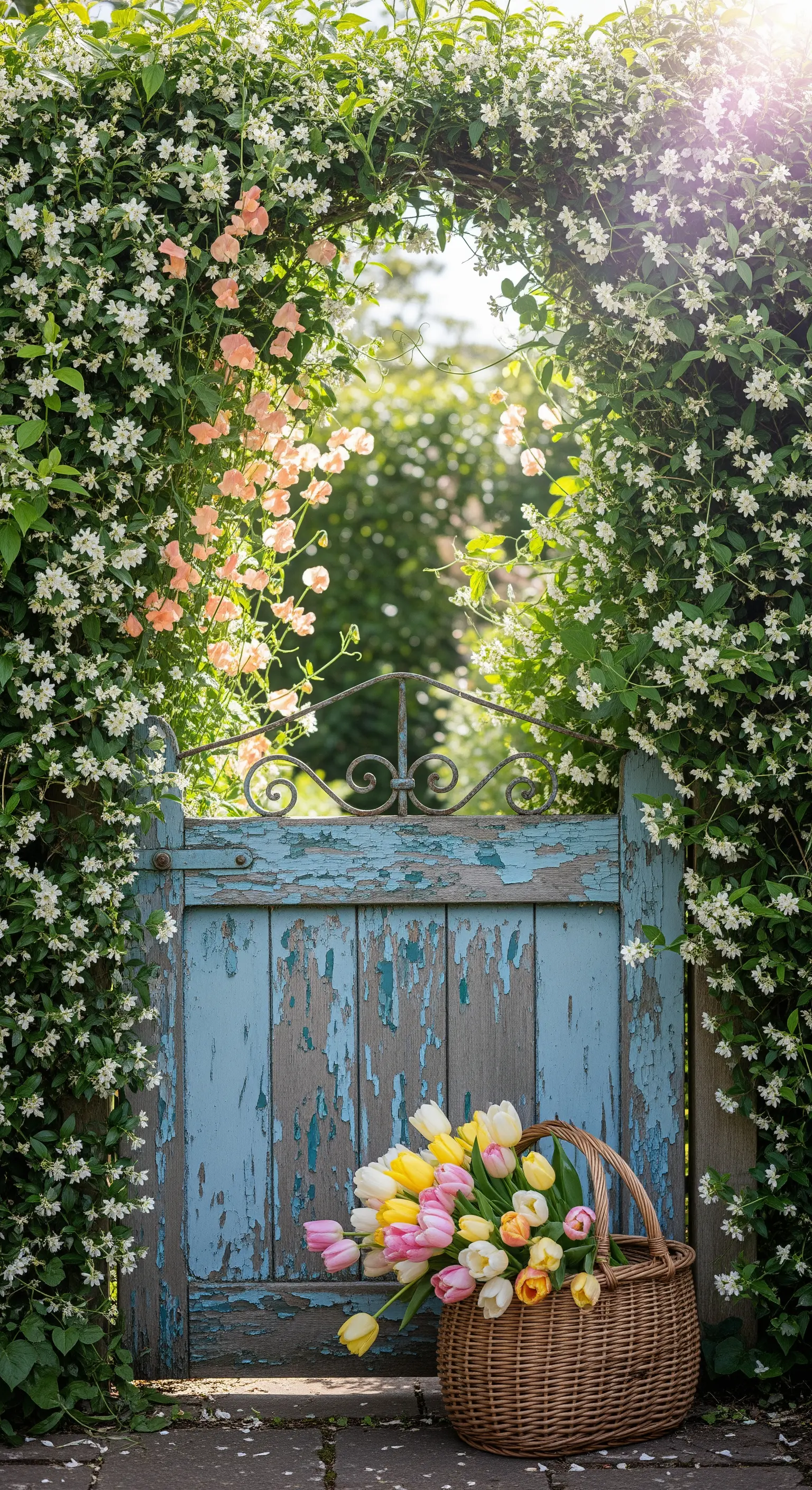 Verwittertes blaues Holztor mit blühenden Ranken und Korb voller Tulpen