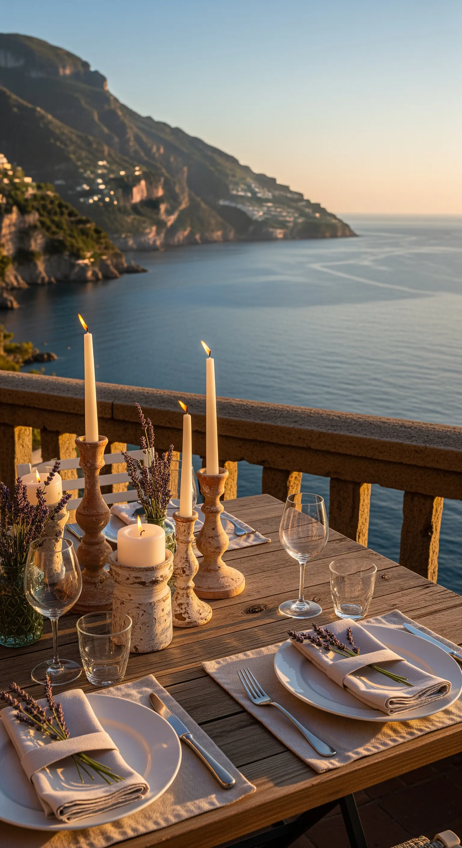 Balkon-Tisch mit Kerzen, Lavendel und Meerblick bei Sonnenuntergang