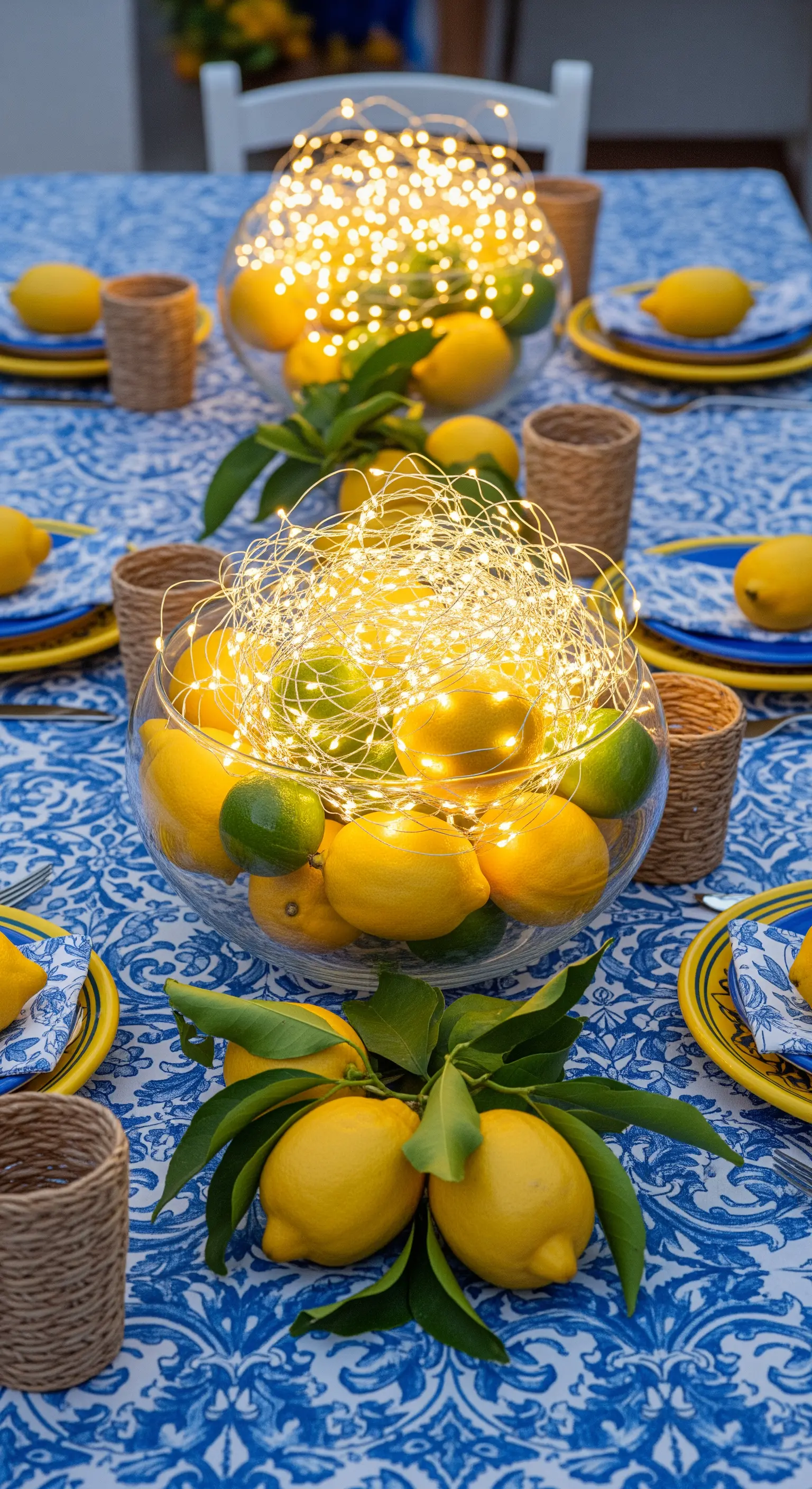 Tischdeko im Amalfi-Stil mit einer Glasschale voll Zitronen und Lichterketten.
