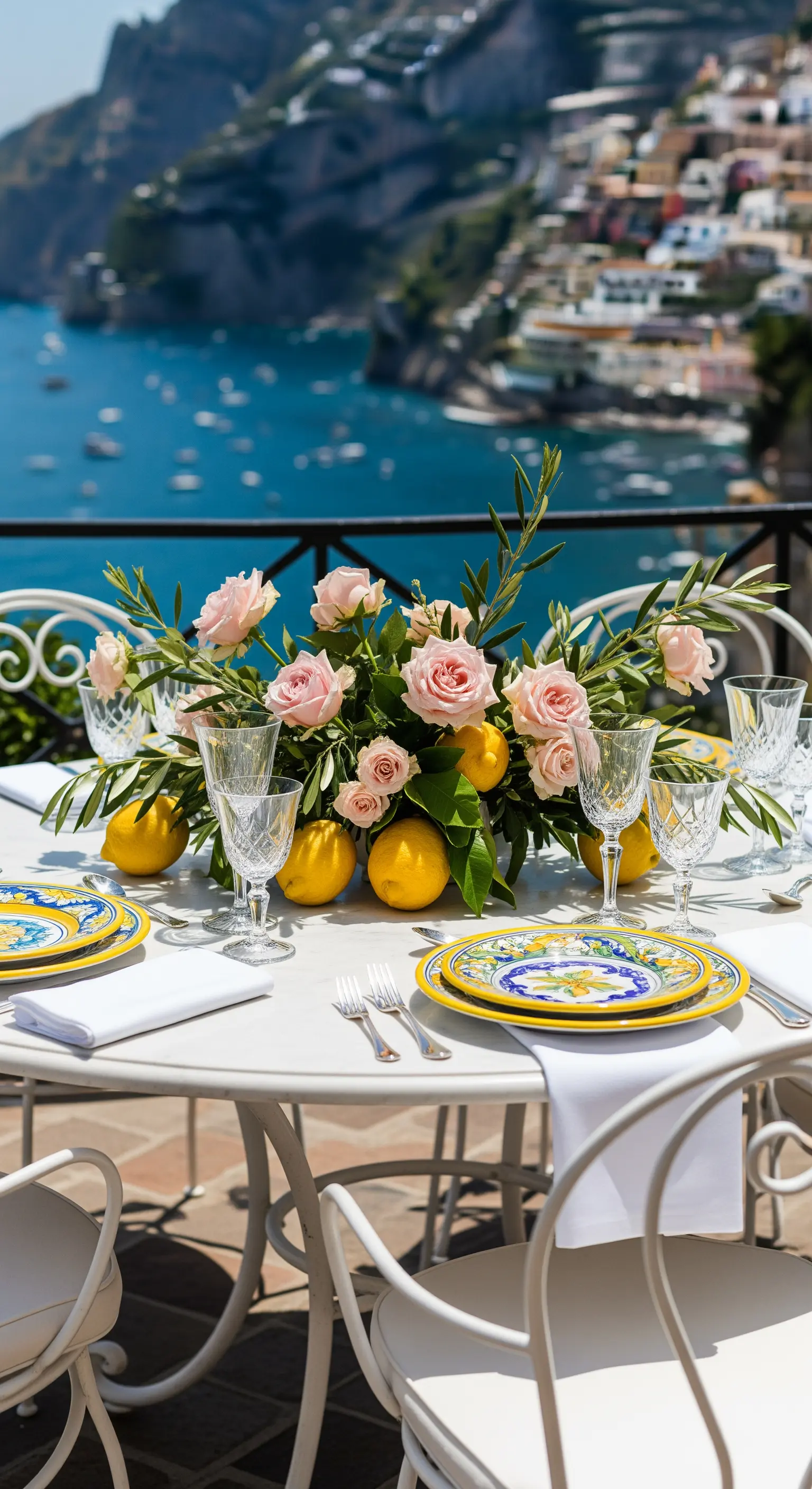 Runder Tisch mit rosa Rosen, Olivenzweigen und ganzen Zitronen als Tischdeko am Meer