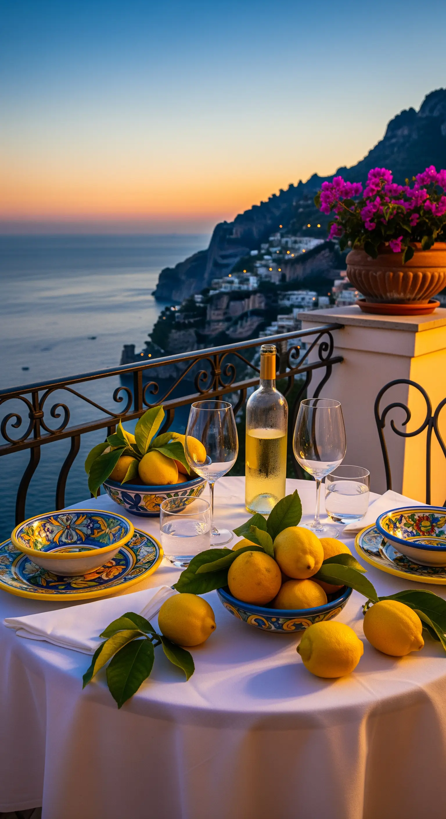 Amalfiküste Tischdeko mit Zitronen, bunten Tellern und Meerblick