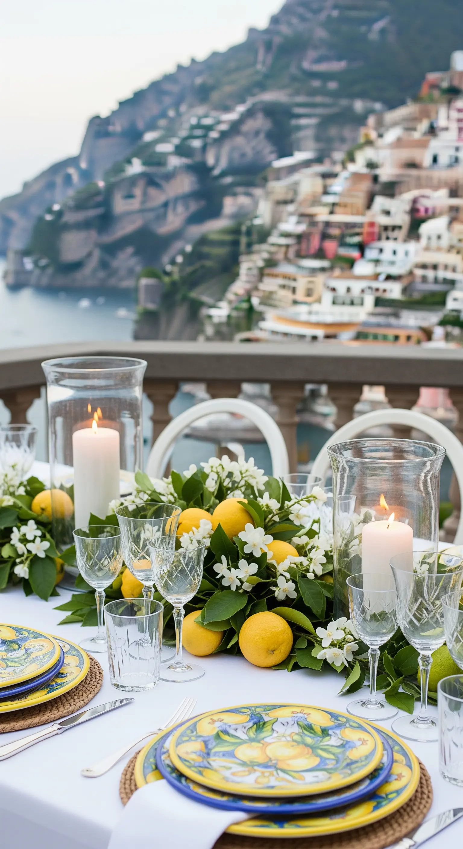 Zitronen und weiße Blüten als Tischdeko, umrahmt von Kerzen und bemalten Tellern.