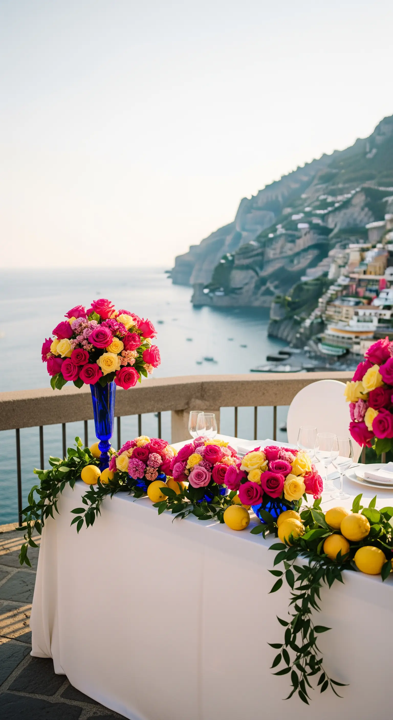 Farbenfrohe Tischdeko mit Rosen, Zitronen und blauen Glasvasen am Meer.