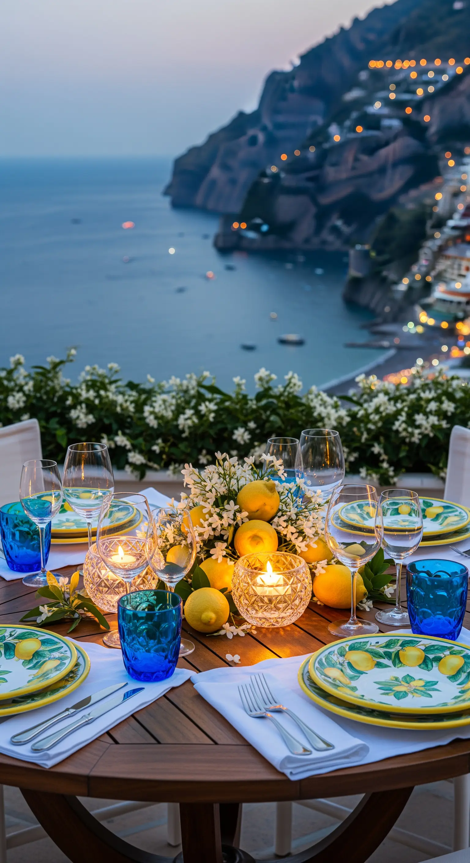 Holztisch mit Zitronen, blauen Gläsern und Zitronentellern am Meer.