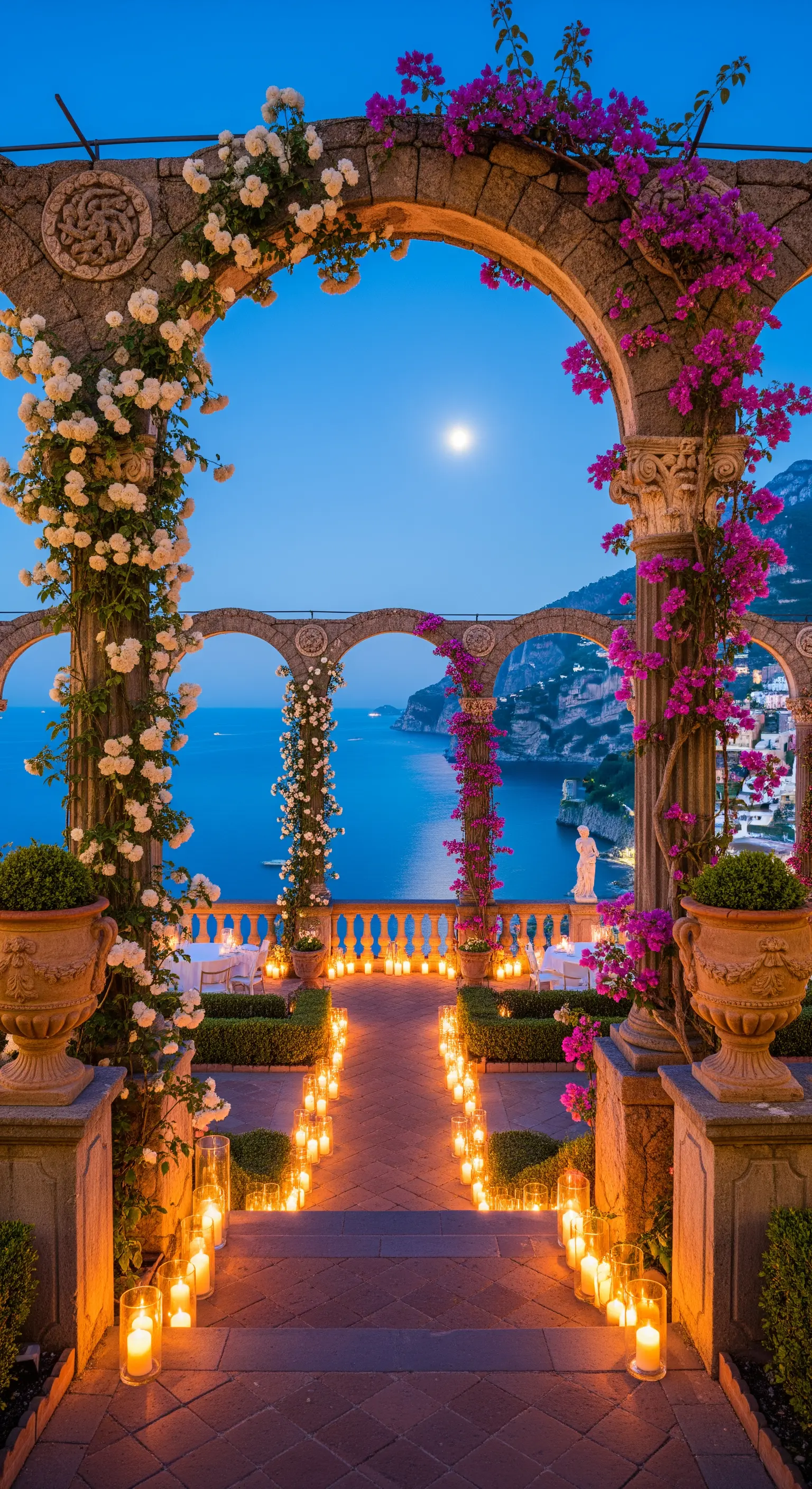 Terrasse mit Steinbögen, Rosen, Bougainvillea, Kerzen und Meerblick bei Mondlicht