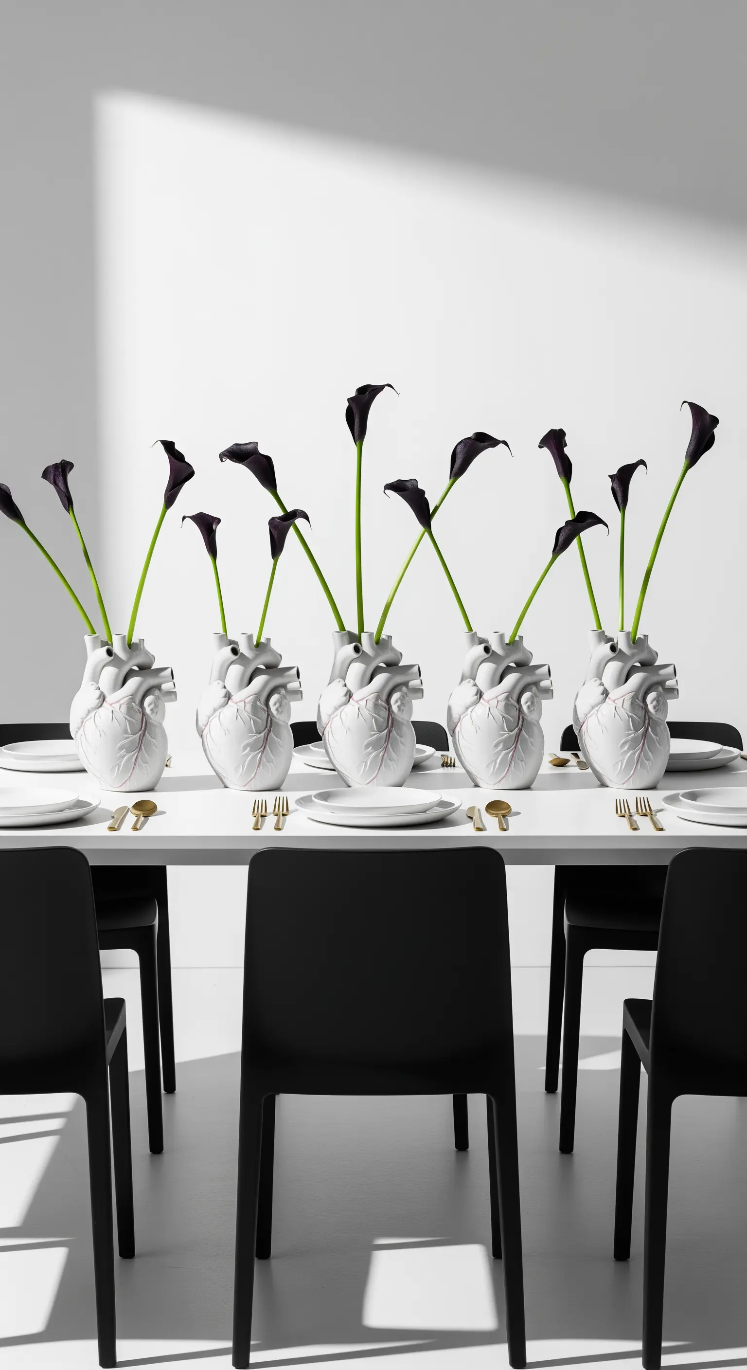 Moderne Halloween Tischdeko mit anatomischen Herzvasen und schwarzen Calla-Lilien