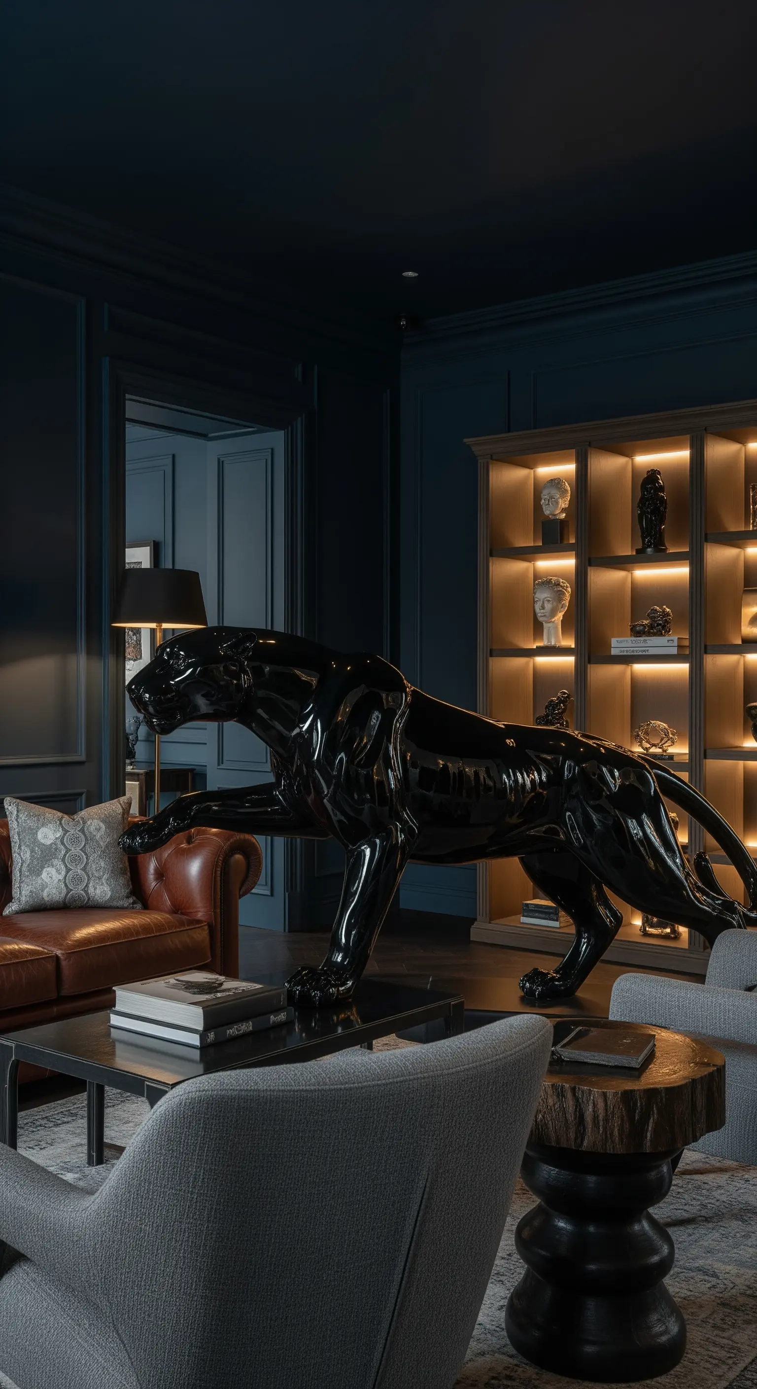 Glänzend schwarze Panther-Skulptur in einem dunklen, holzgetäfelten Bibliothekszimmer.