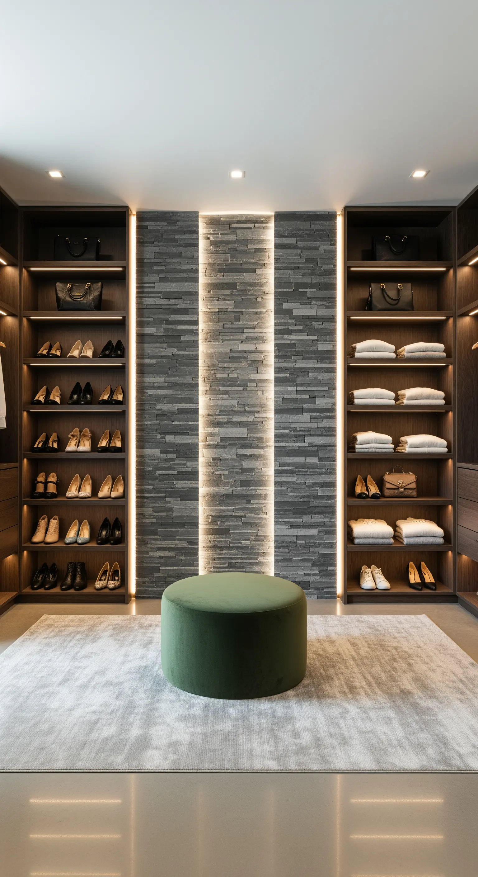 Begehbarer Kleiderschrank mit Akzentwand aus dunklem Schiefer und LED-Beleuchtung.