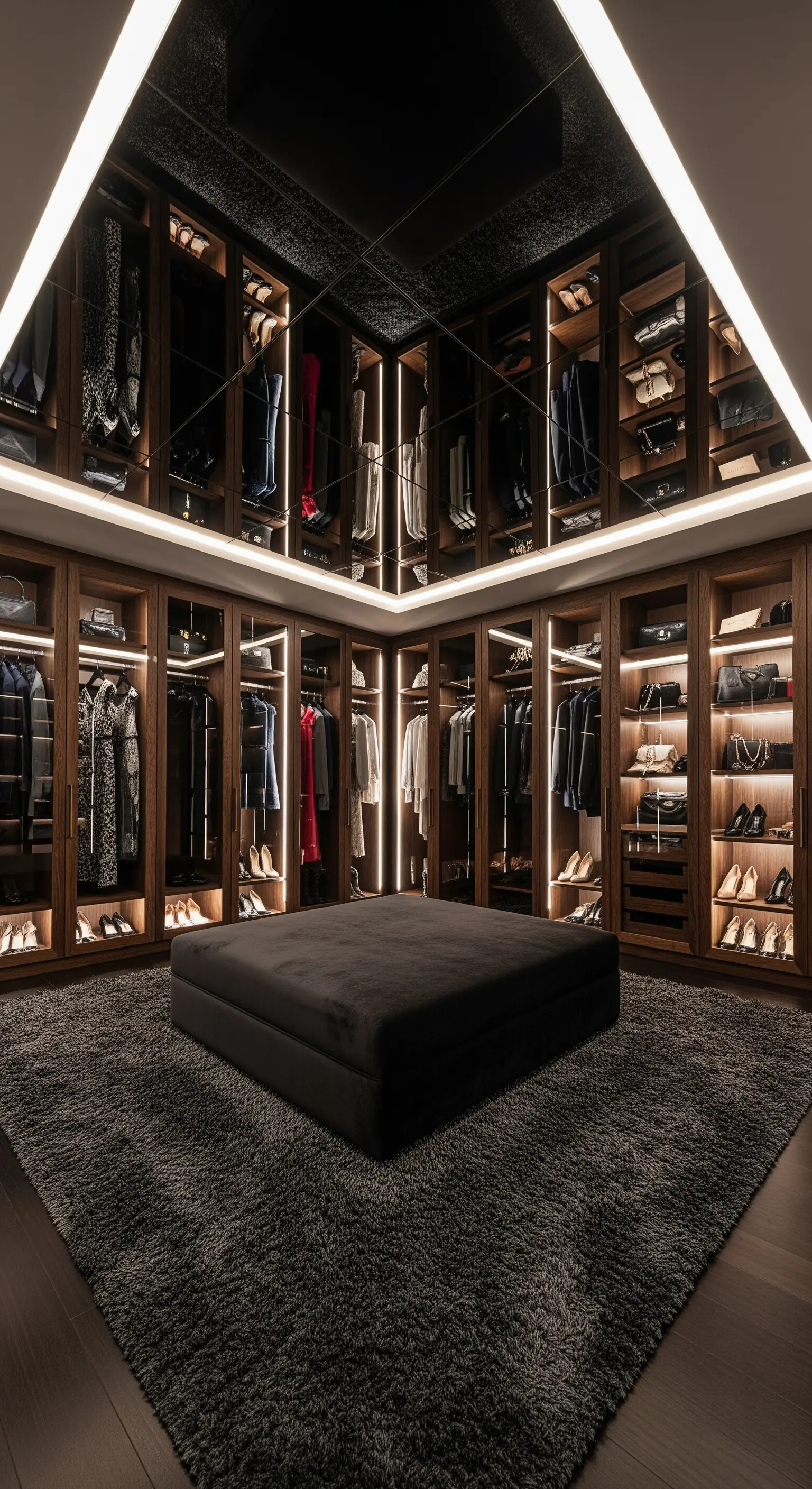 Ankleidezimmer mit Spiegeldecke, LED-Beleuchtung in Schränken und dunklem Teppich