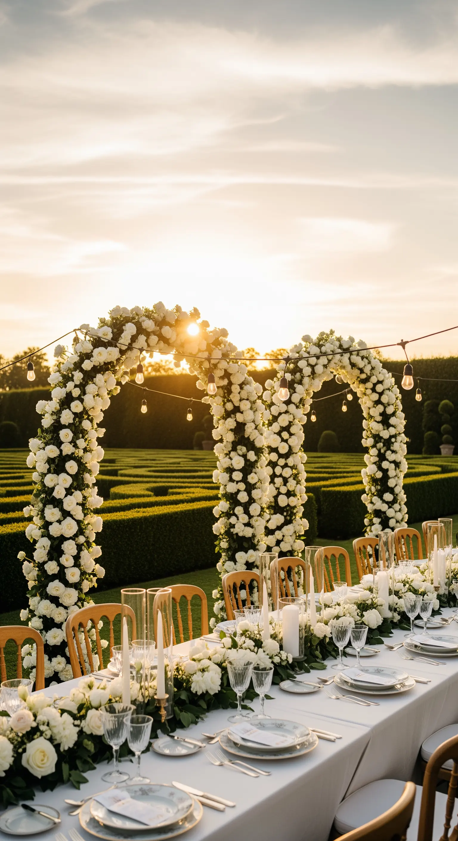 Mehrere weiße Rosenbögen als Überbau über einer elegant gedeckten Tafel mit weißen Rosen und Grün.