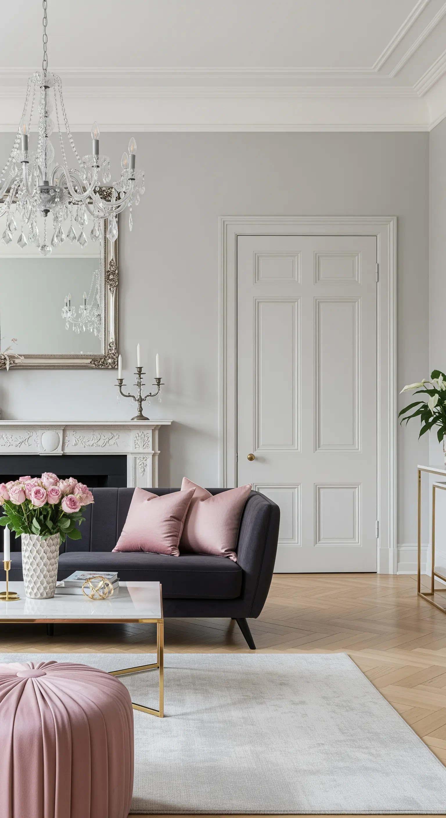 Elegantes Wohnzimmer mit dunkelgrauem Sofa, rosa Kissen und goldenen Details.