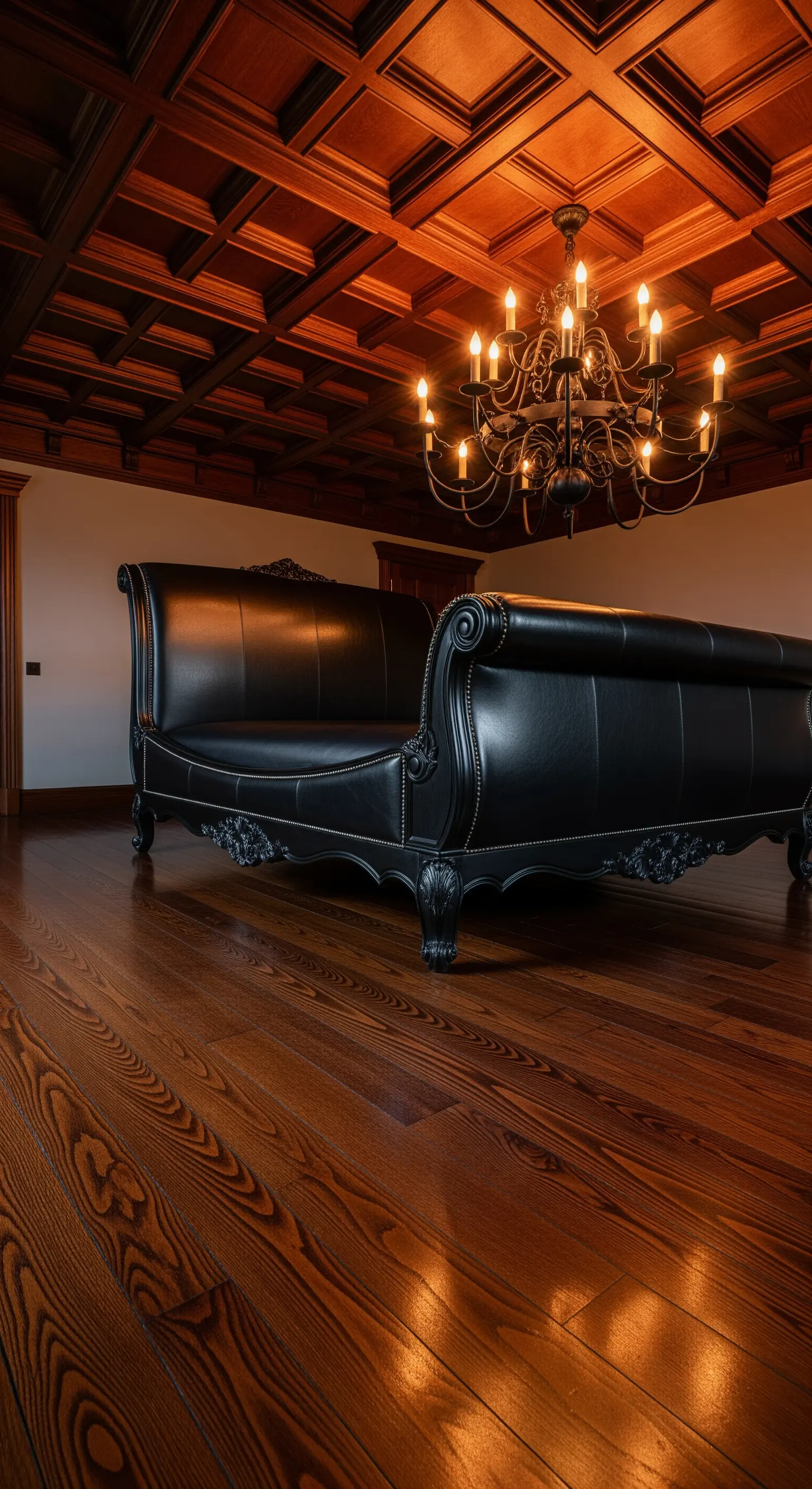 Klassische schwarze Leder-Chaise Lounge unter Holzkassettendecke mit Kronleuchter