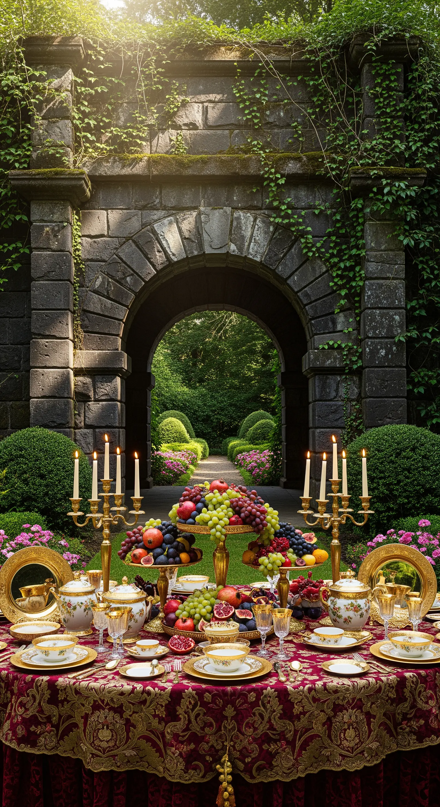 Tafel vor antiker Gartenpforte mit roter Gold-Tischdecke, riesigem Frucht-Arrangement, Kerzen