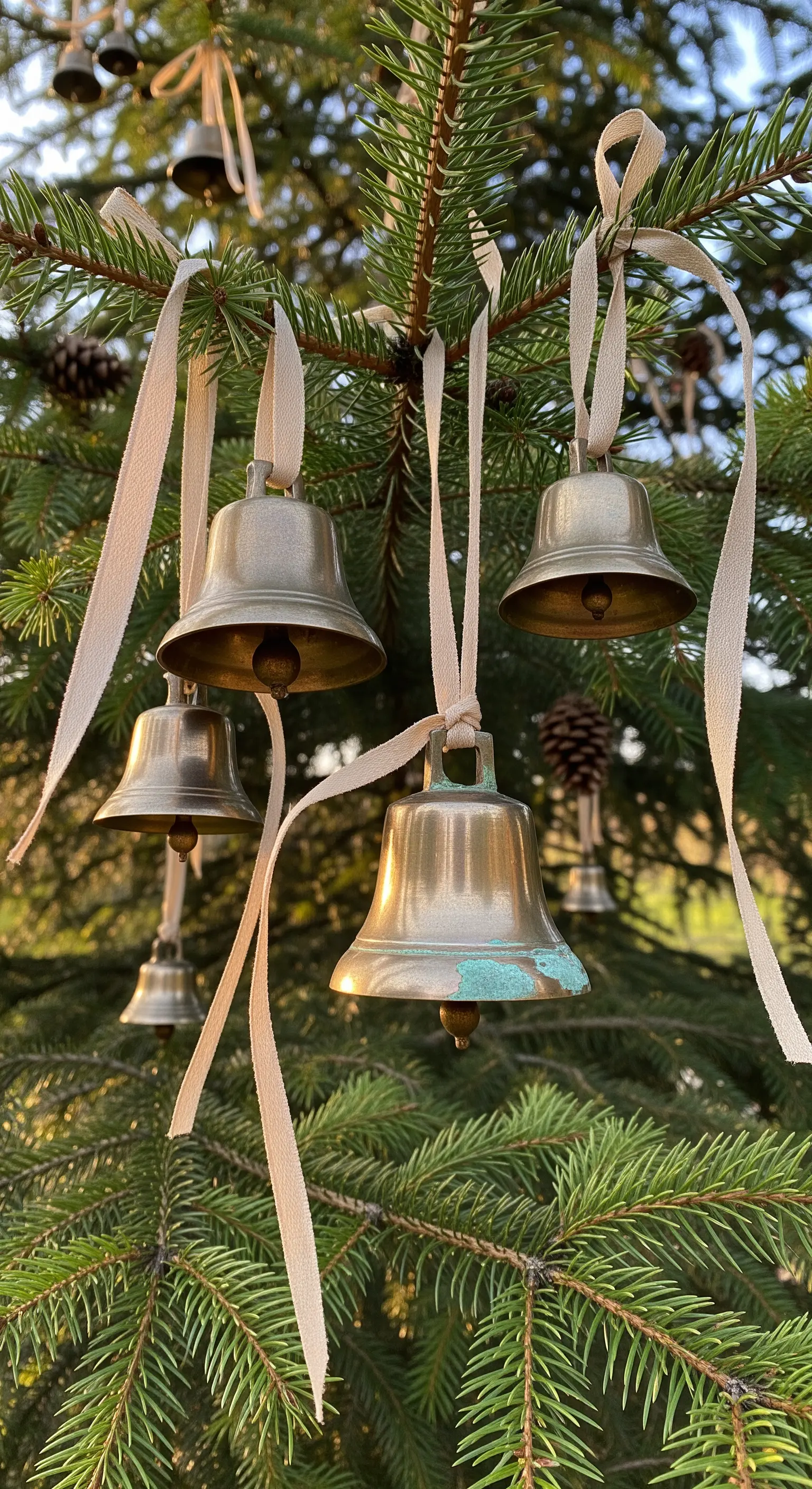 Weihnachtsbaum mit antiken Glocken an cremefarbenen Bändern und Kiefernzapfen.