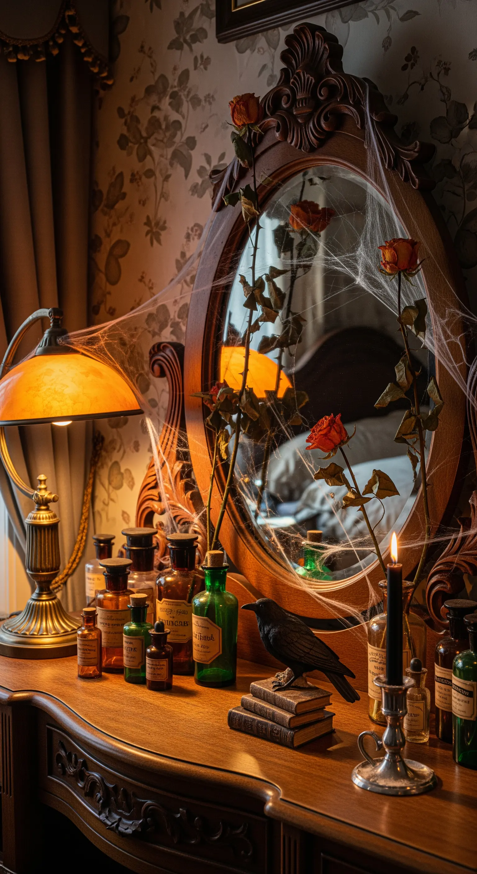 Antiker Spiegel mit Spinnennetzen und getrockneten Rosen, Apothekerflaschen und Raben-Deko