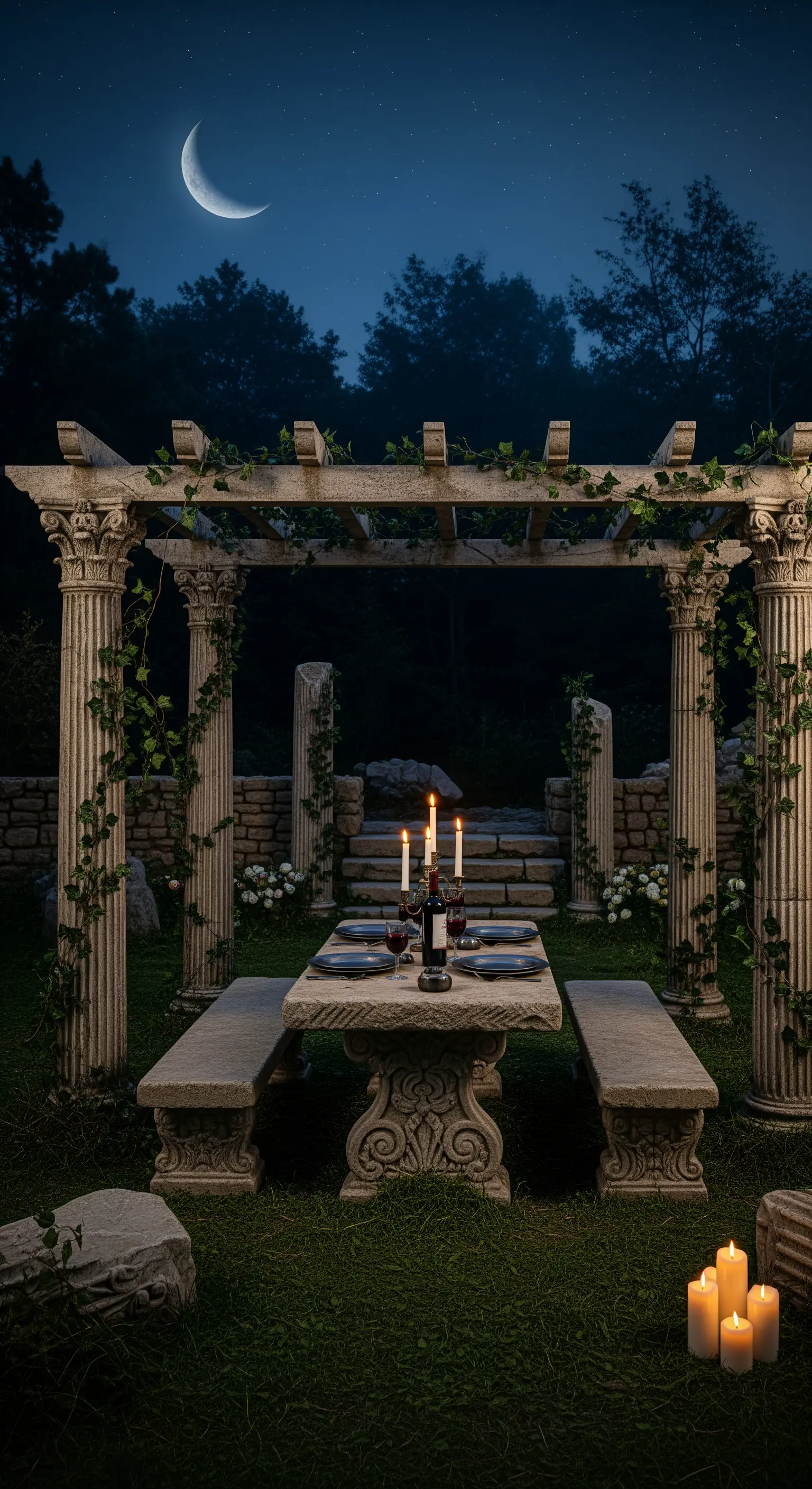 Antike Ruinen, Pergola, Efeu, Steintisch, Kerzen, Mond