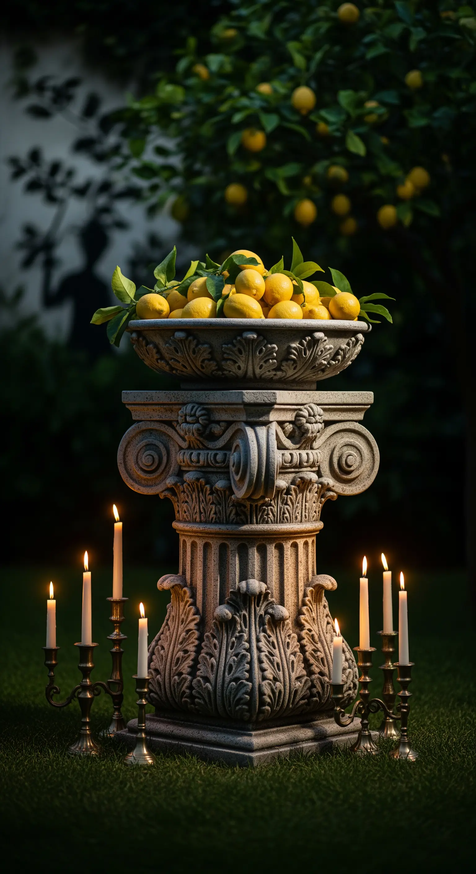 Antike Steinsäule mit Zitronenschale und eleganten Kerzenleuchtern im Garten