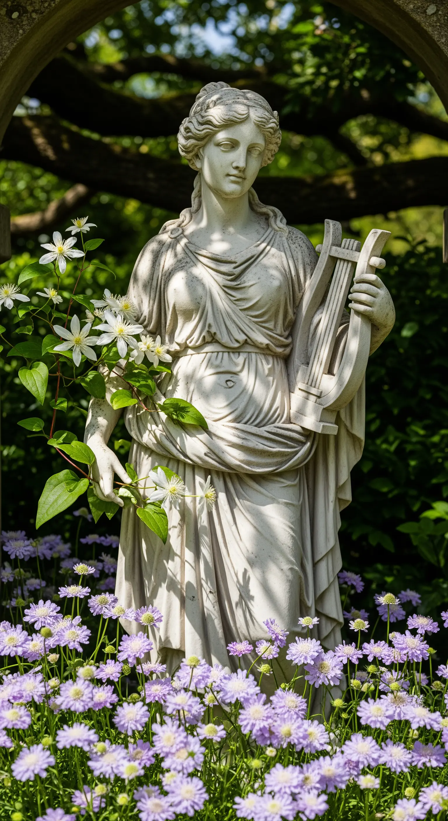 Antike Steinstatue umgeben von violetten Blumen und weißen Clematis