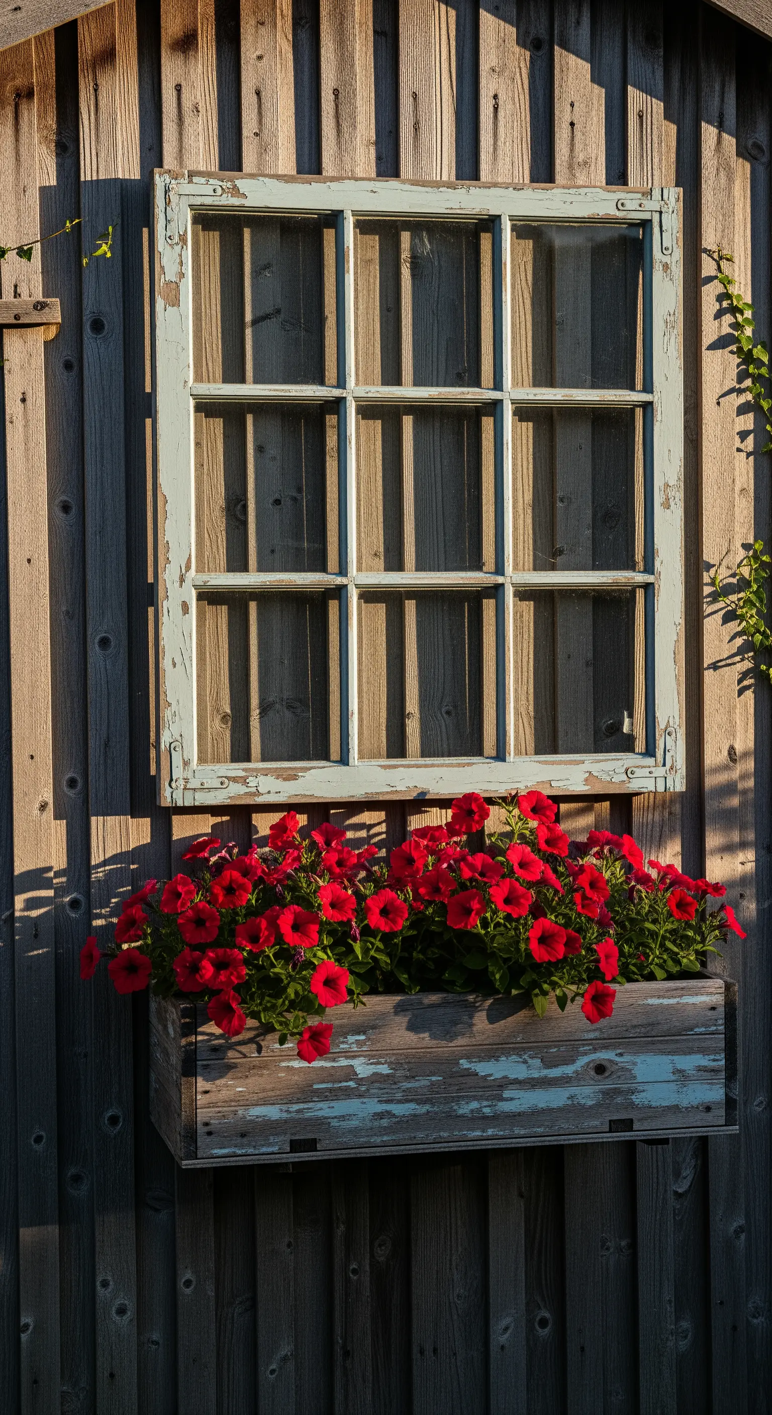 Verwitterter Fensterrahmen mit Blumenkasten voller roter Petunien an einer Holzwand.