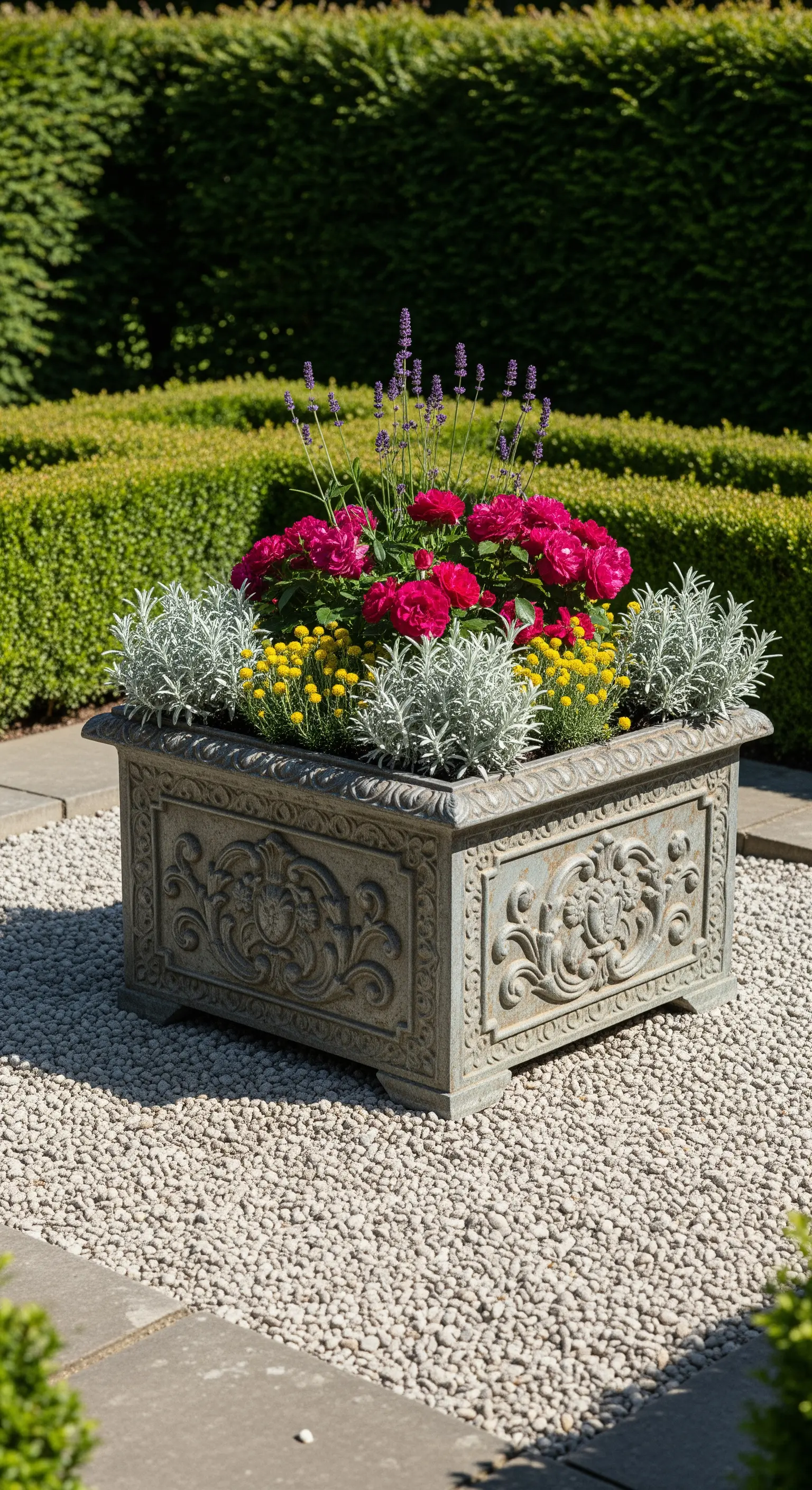 Antiker Pflanzkübel, pinke Rosen, Lavendel, gelbe Blüten, Silberraute.