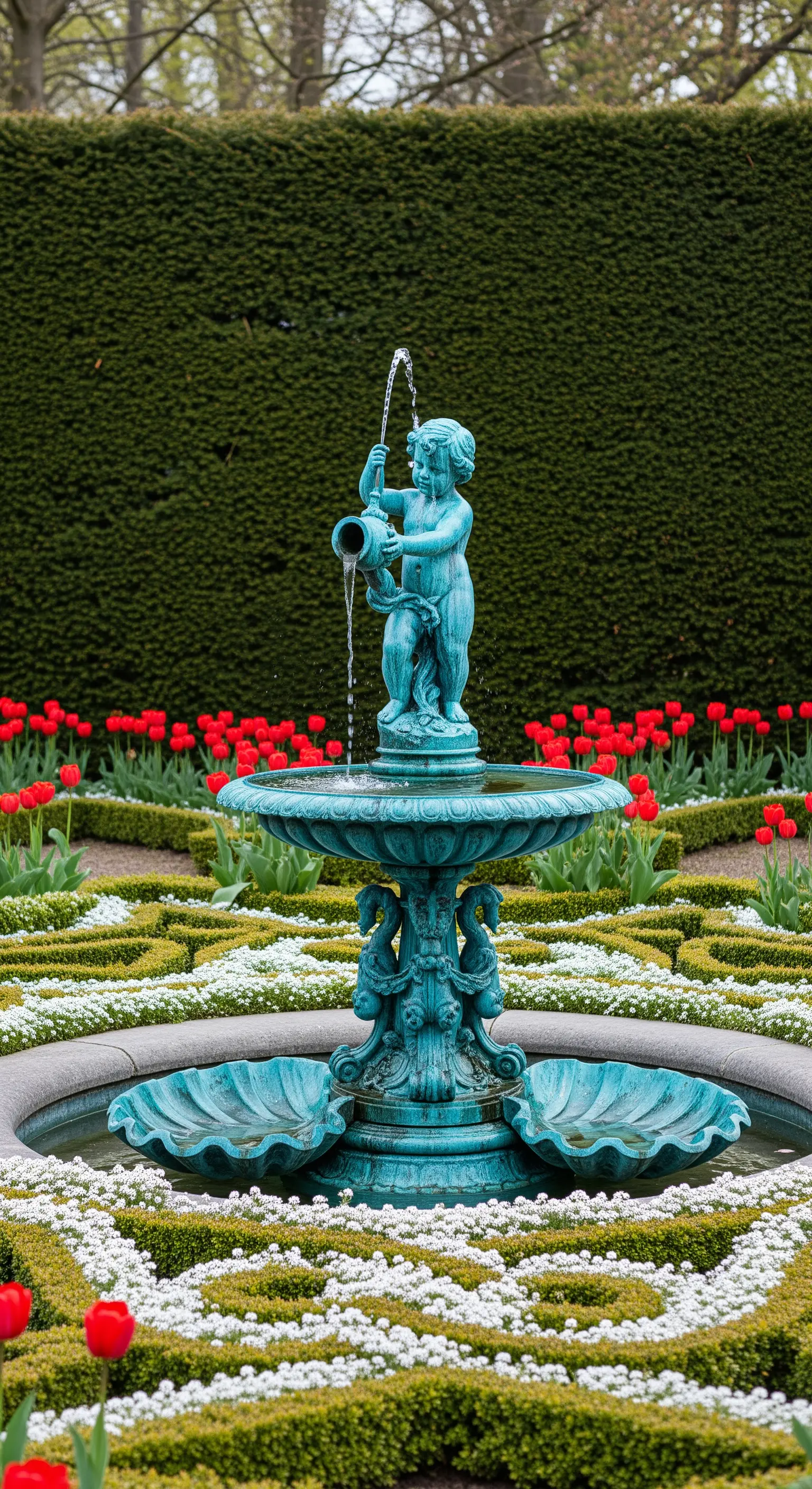 Türkisfarbener Puttenbrunnen in formalem Garten mit roten Tulpen und weißen Blumen