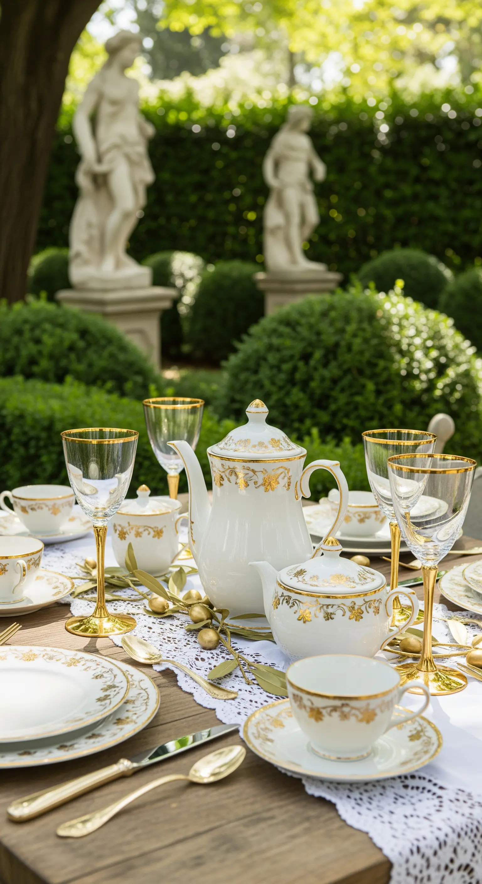 Teetisch mit goldenem Porzellan, Spitzenläufer und Vintage-Details im Garten