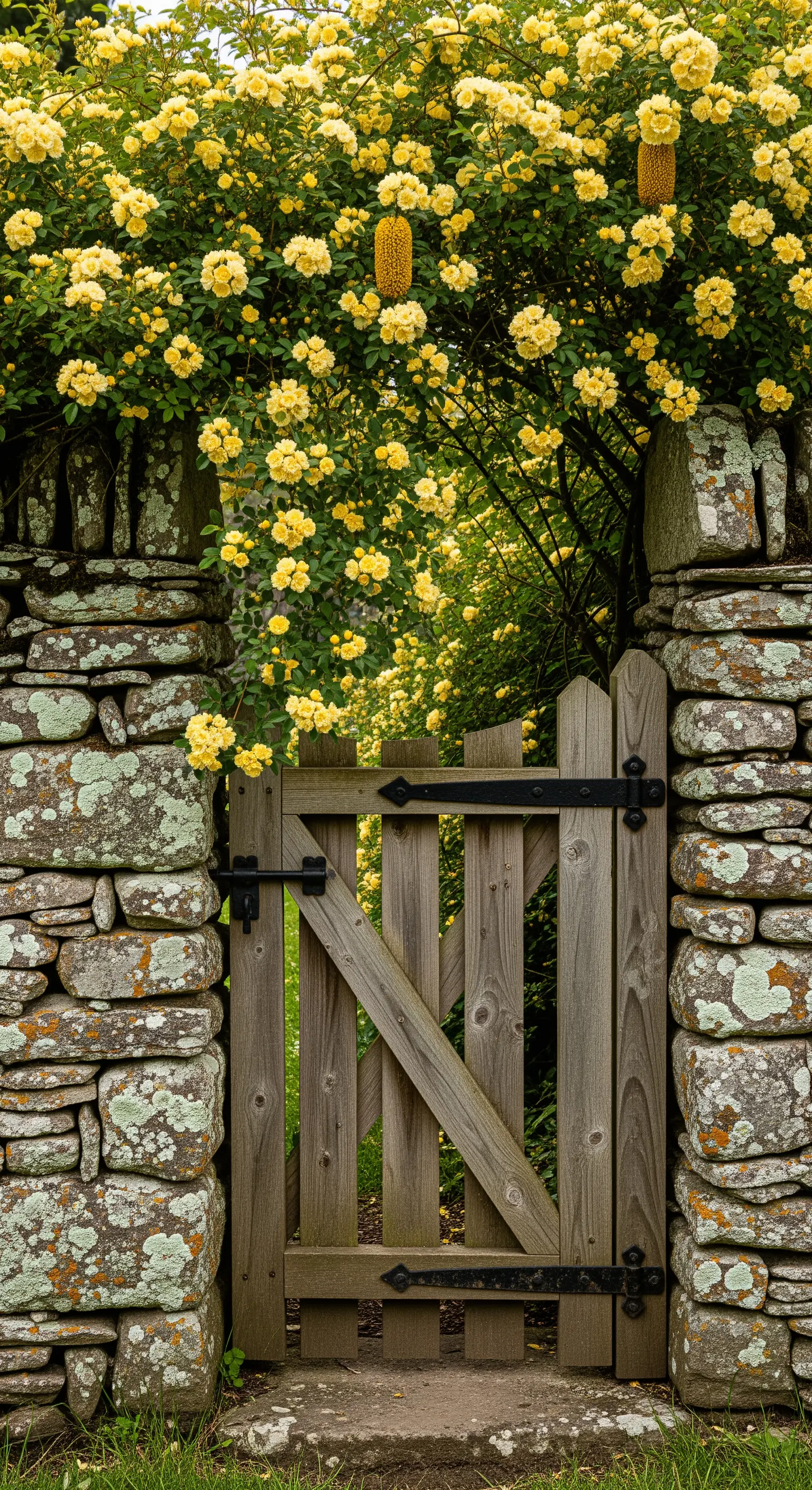 Holztor zwischen Steinmauern mit gelben Kletterrosen