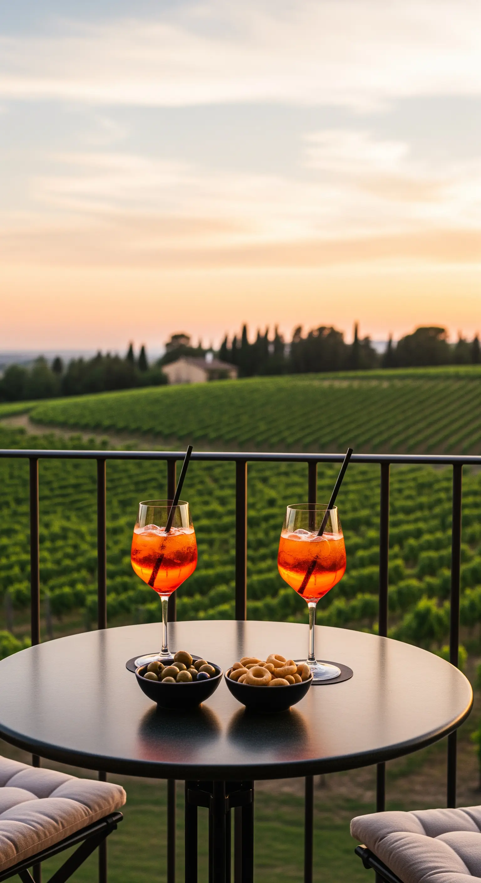 Zwei Gläser Aperol Spritz auf einem Balkontisch mit Blick auf Weinberge bei Sonnenuntergang.