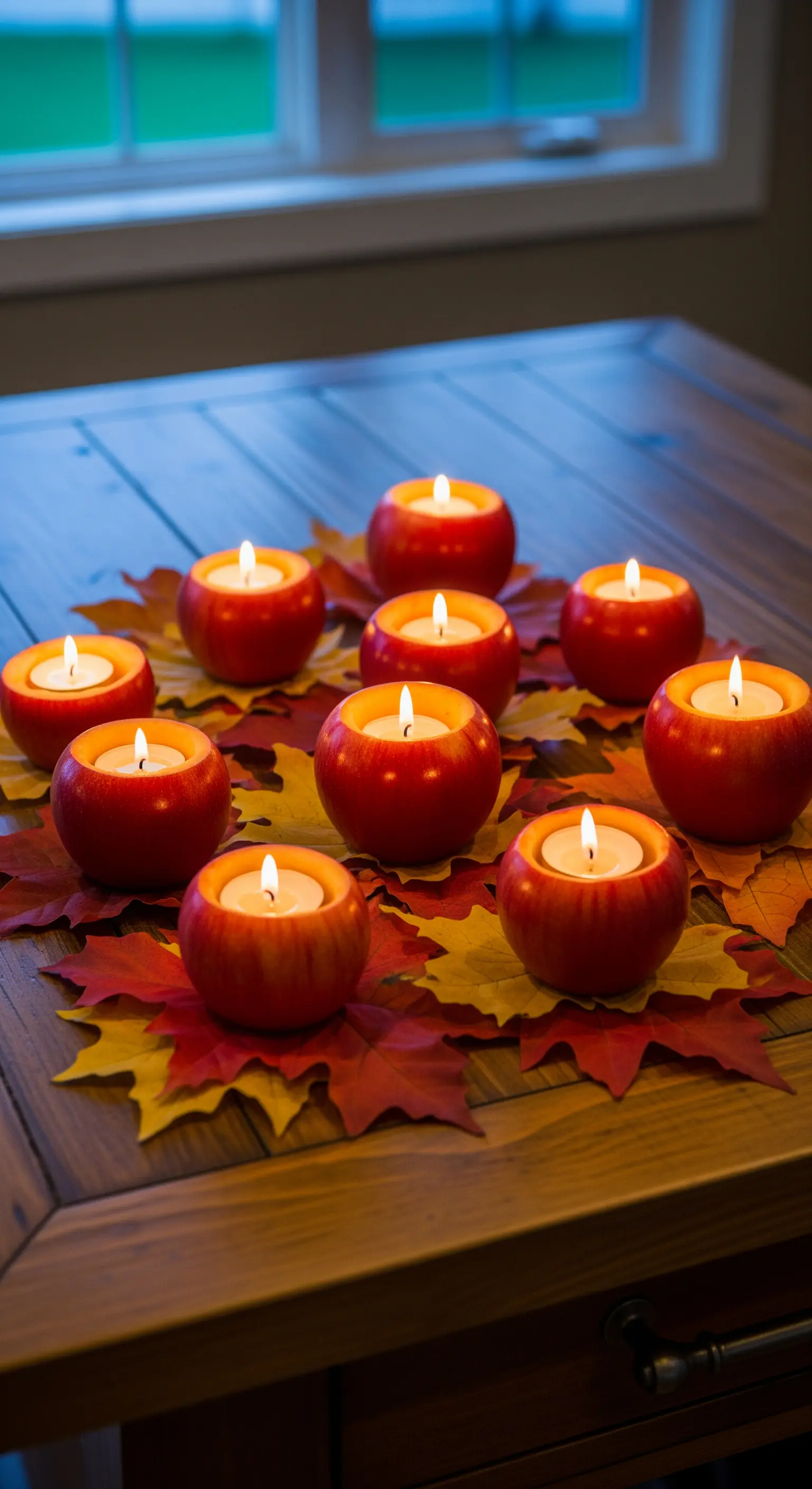 Tischdeko mit ausgehöhlten Äpfeln als Teelichthalter auf Herbstblättern
