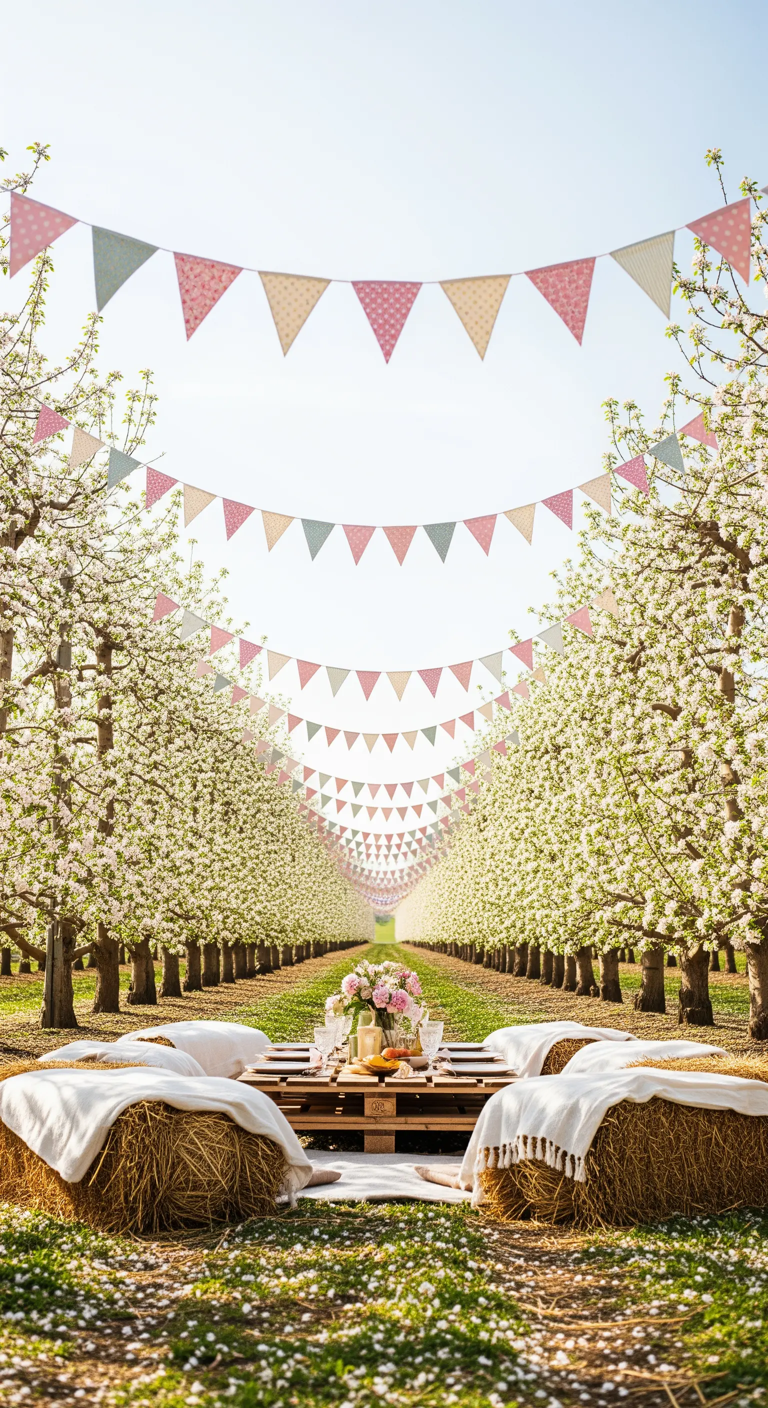 Palettentisch mit Heuballen und Wimpelketten in blühendem Obstgarten.