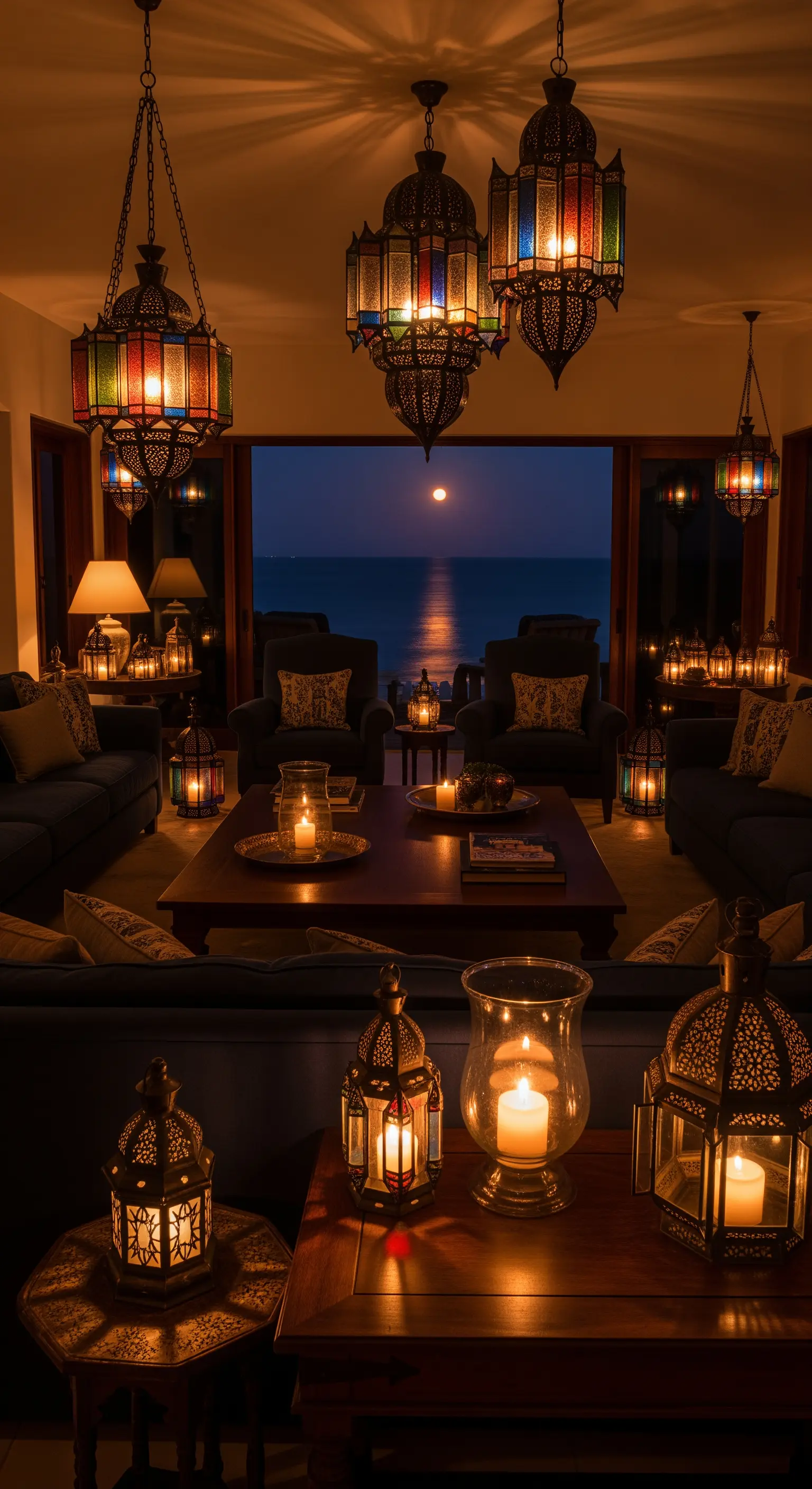 Arabisches Wohnzimmer, Laternen, Kerzenlicht, Vollmond über dem Meer, mystisch