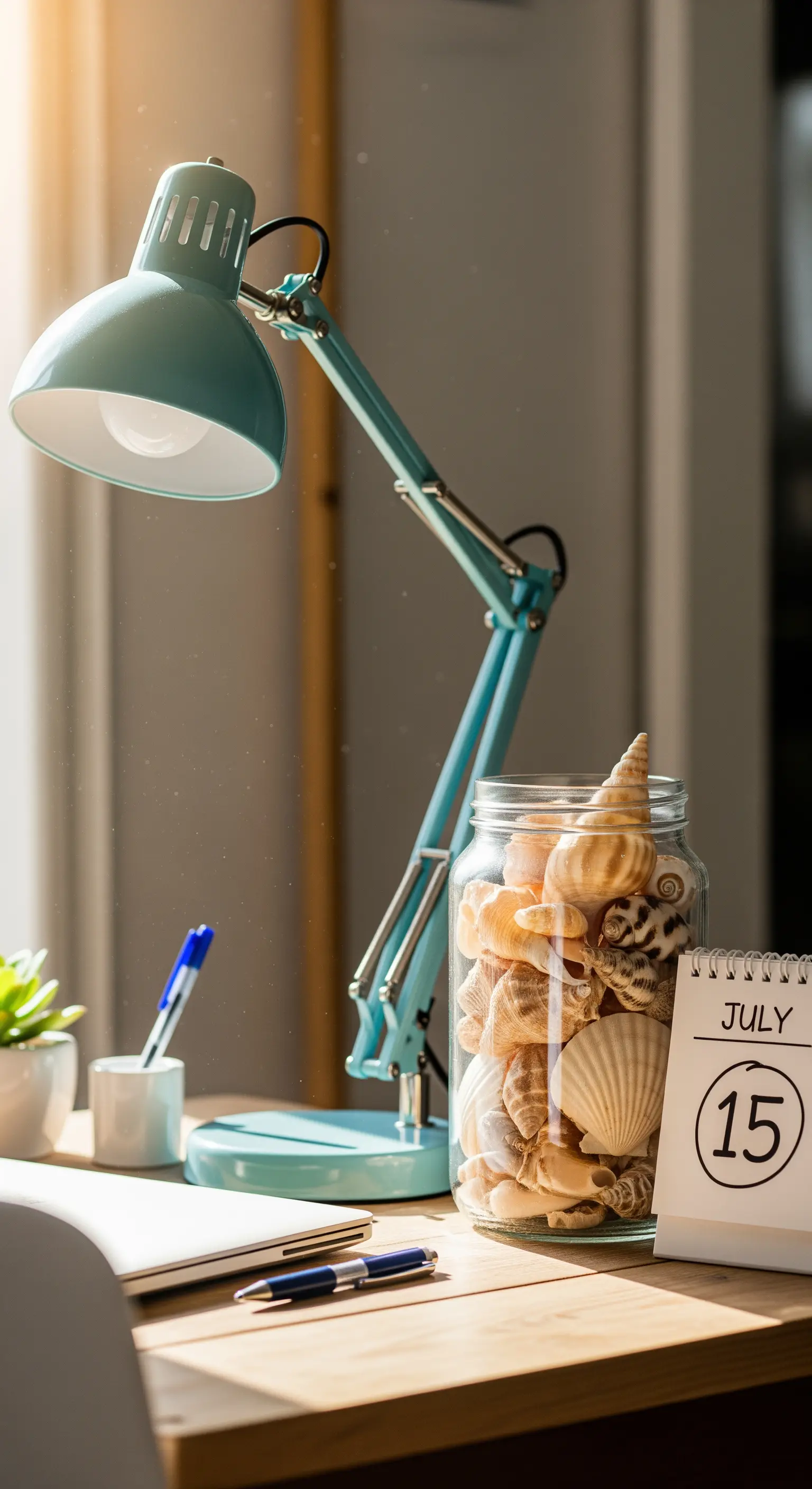 Holzschreibtisch mit türkiser Lampe, Glasgefäß voller Muscheln und Kalender.