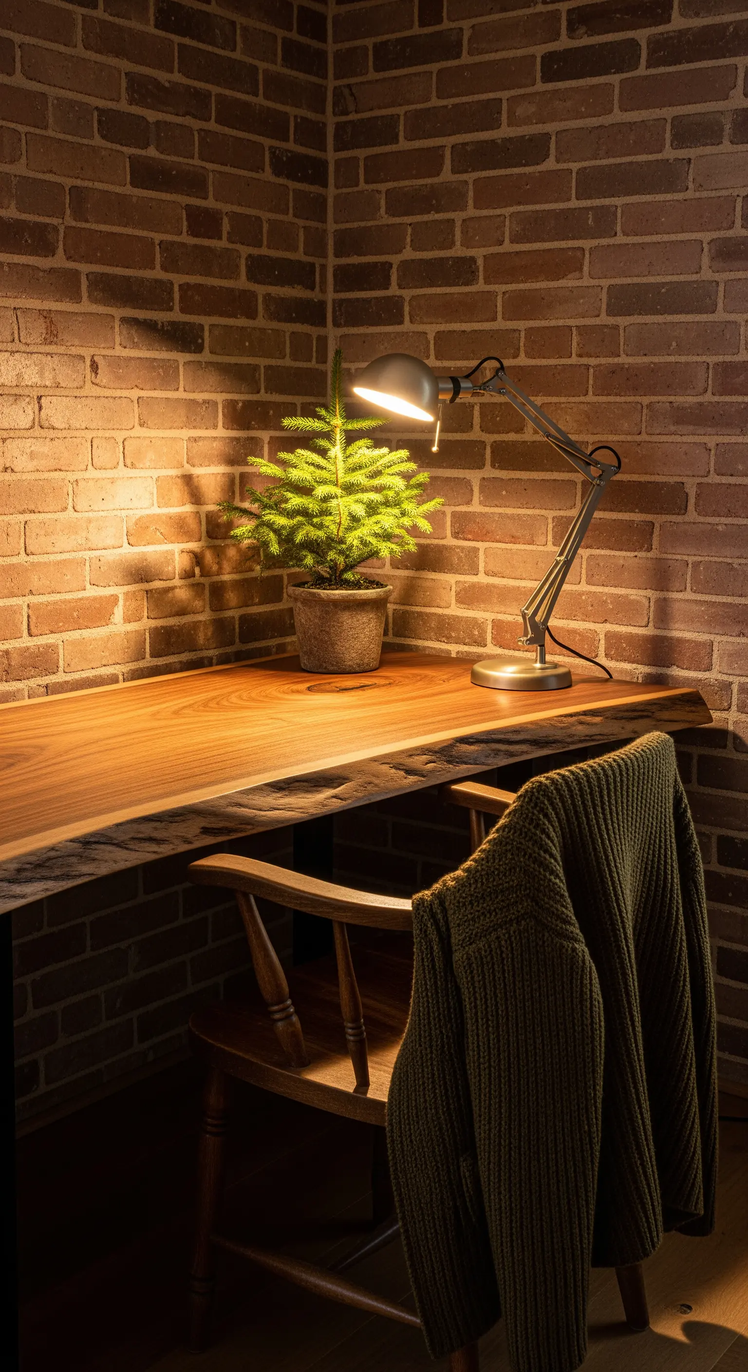 Rustikaler Holzschreibtisch mit Mini-Tanne, Schreibtischlampe vor Backsteinwand