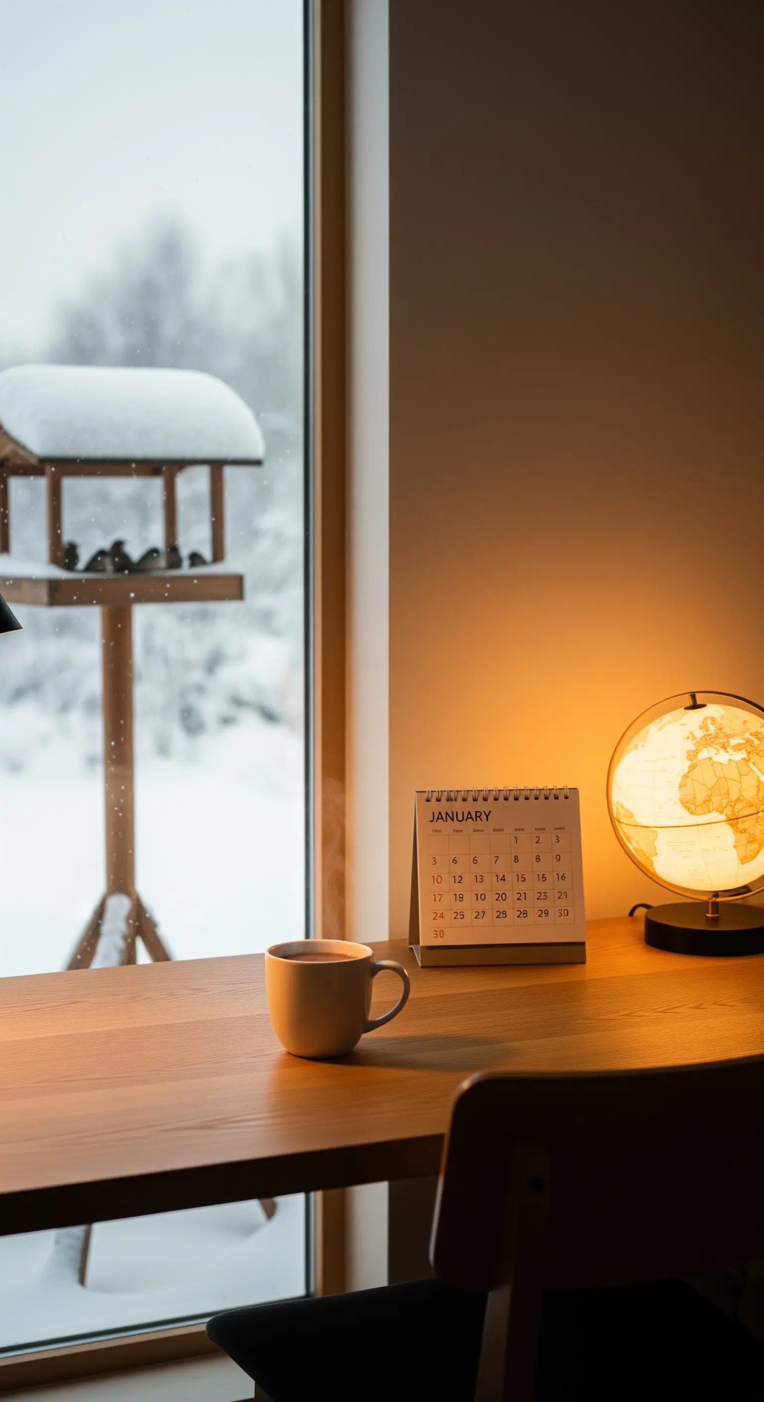 Holzarbeitsplatz mit Kalender, beleuchtetem Globus und Blick auf Vogelhäuschen im Schnee.