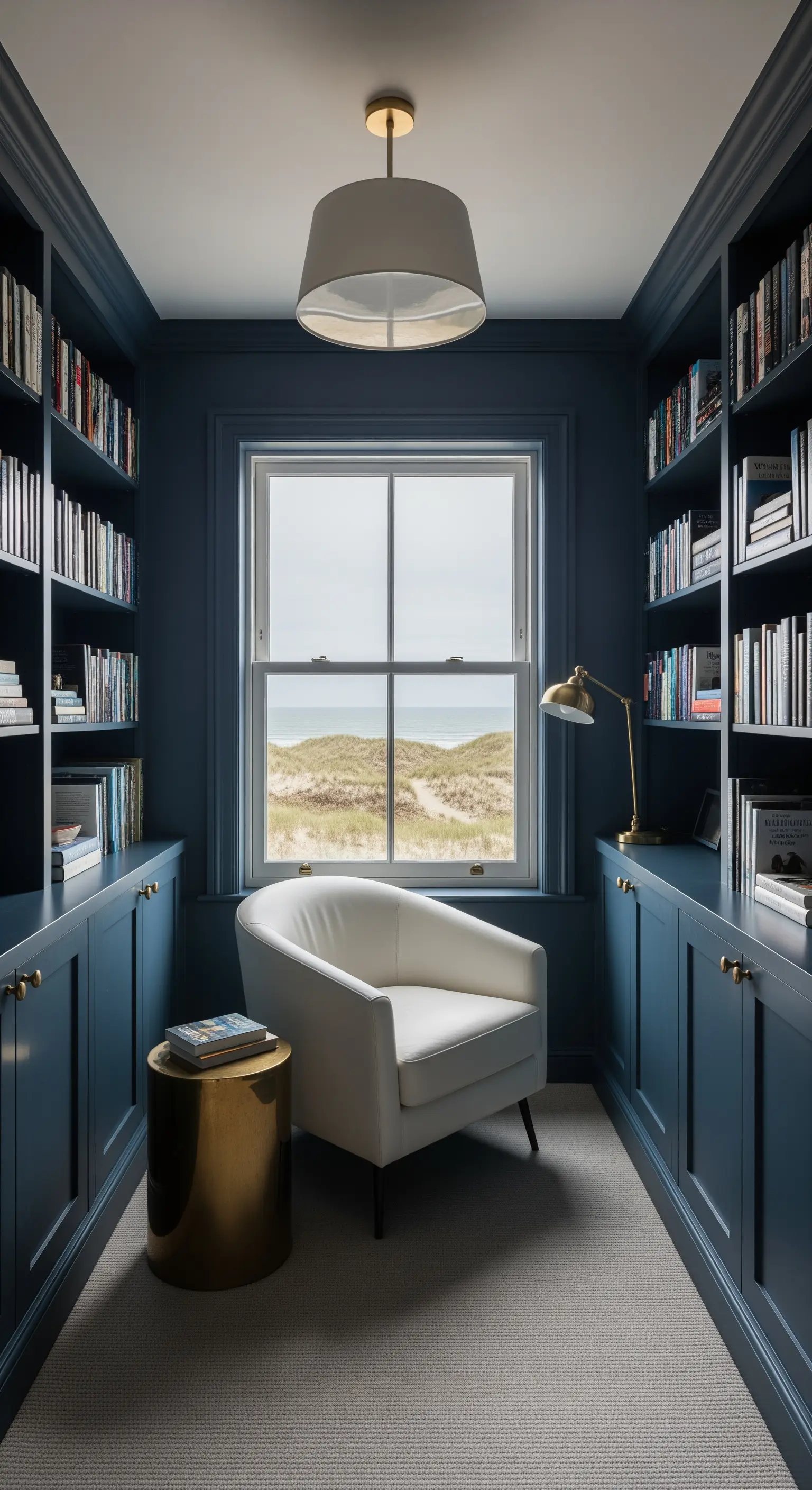 Arbeitszimmer mit marineblauen Einbauschränken, cremefarbenem Sessel und Meerblick