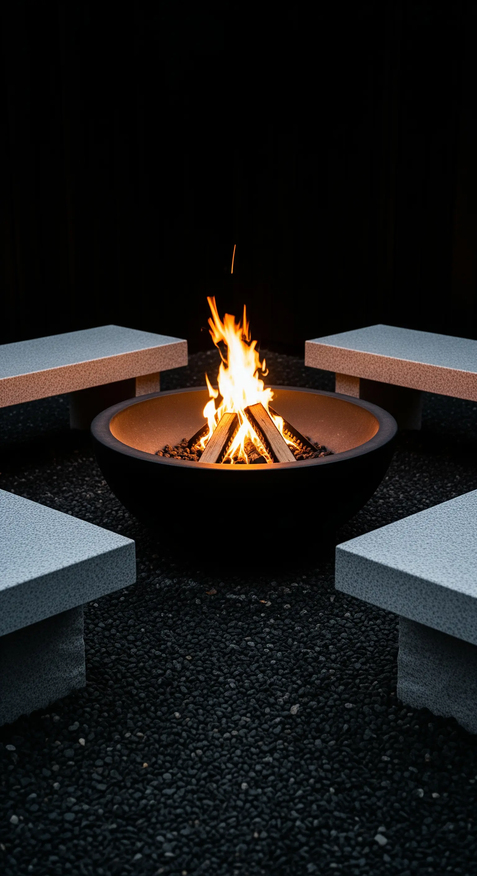 Moderne Feuerstelle mit vier minimalistischen Steinbänken auf dunklem Kies