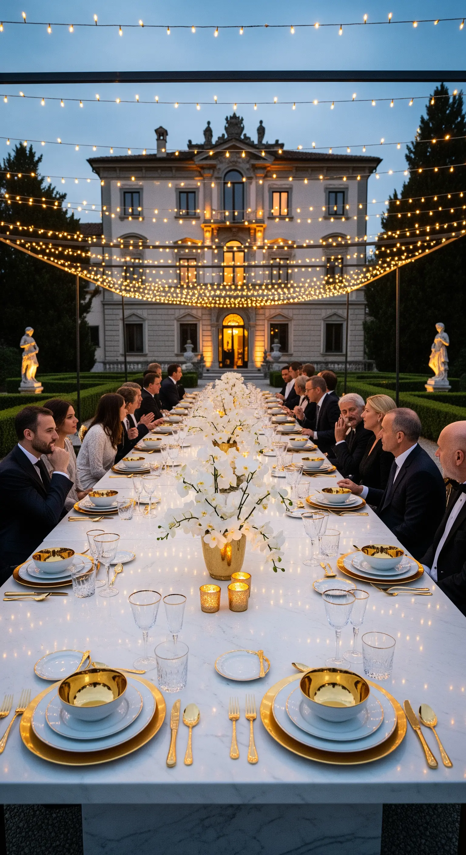 Lange Tafel vor Villa mit Lichterketten, weiß-goldenes Porzellan, Orchideen