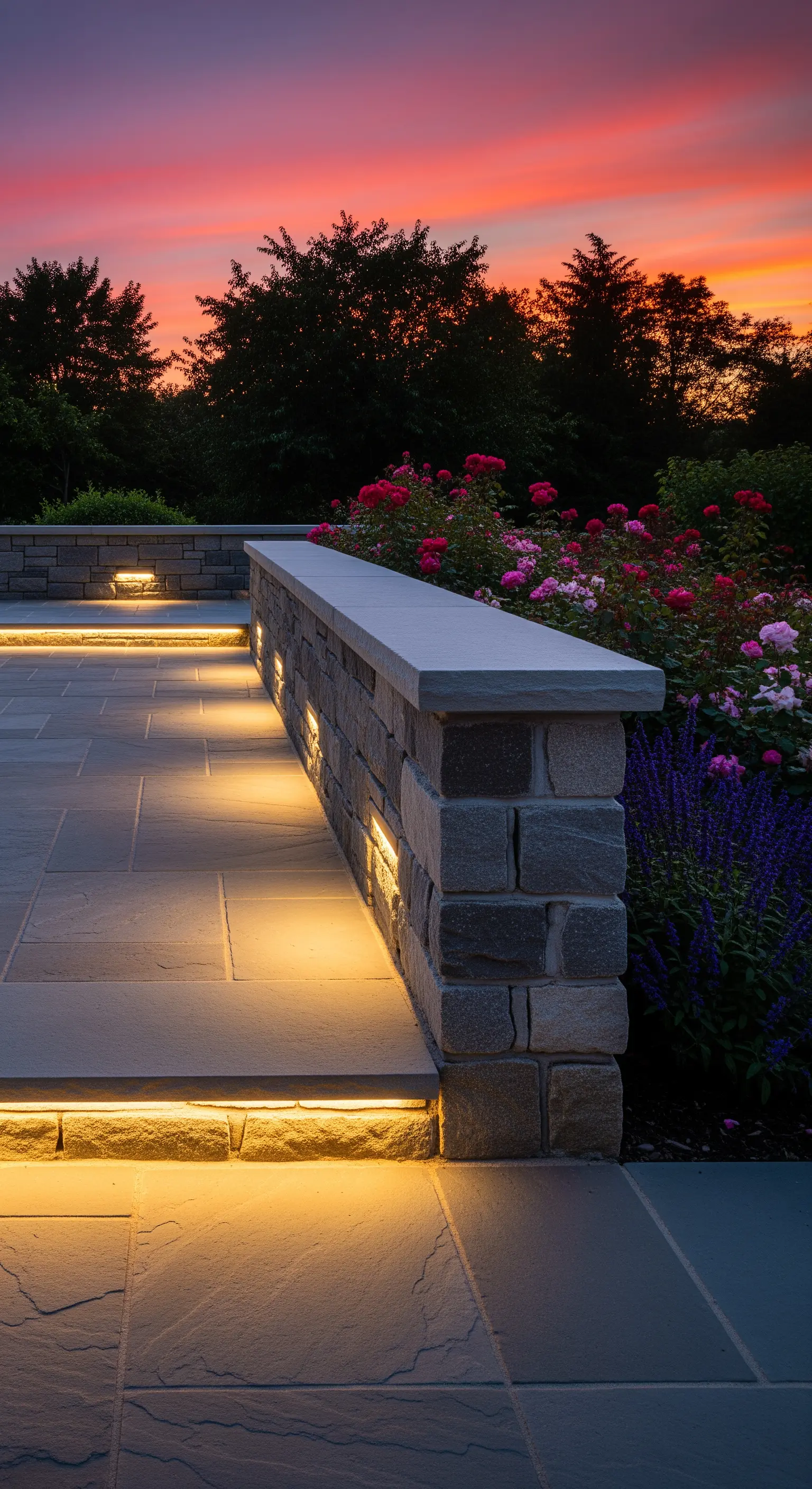 Indirekte LED-Beleuchtung unter einer Steintreppe und in einer Gartenmauer.