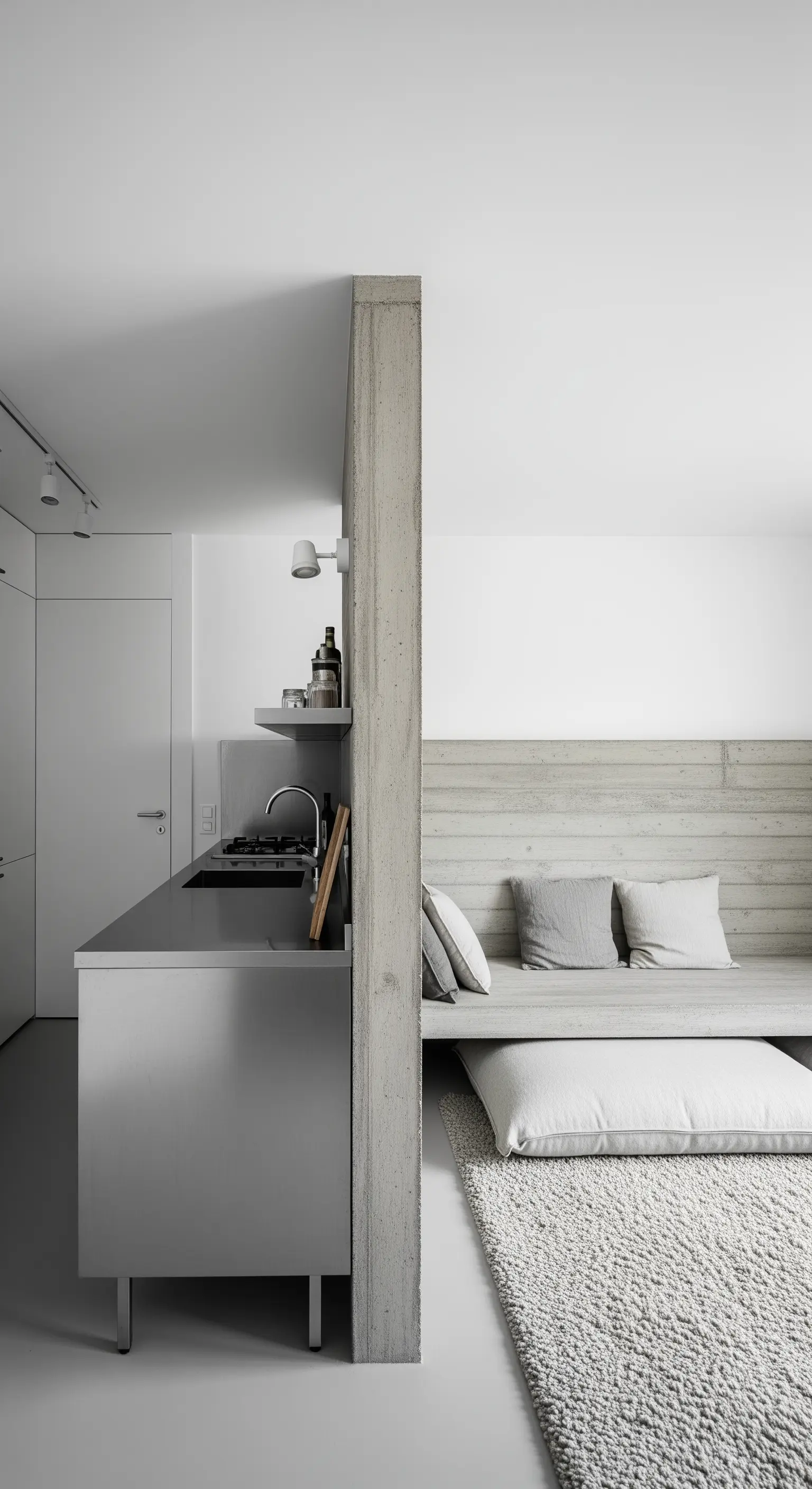 Betonsäule trennt eine moderne Küche von einem gemütlichen Wohnbereich