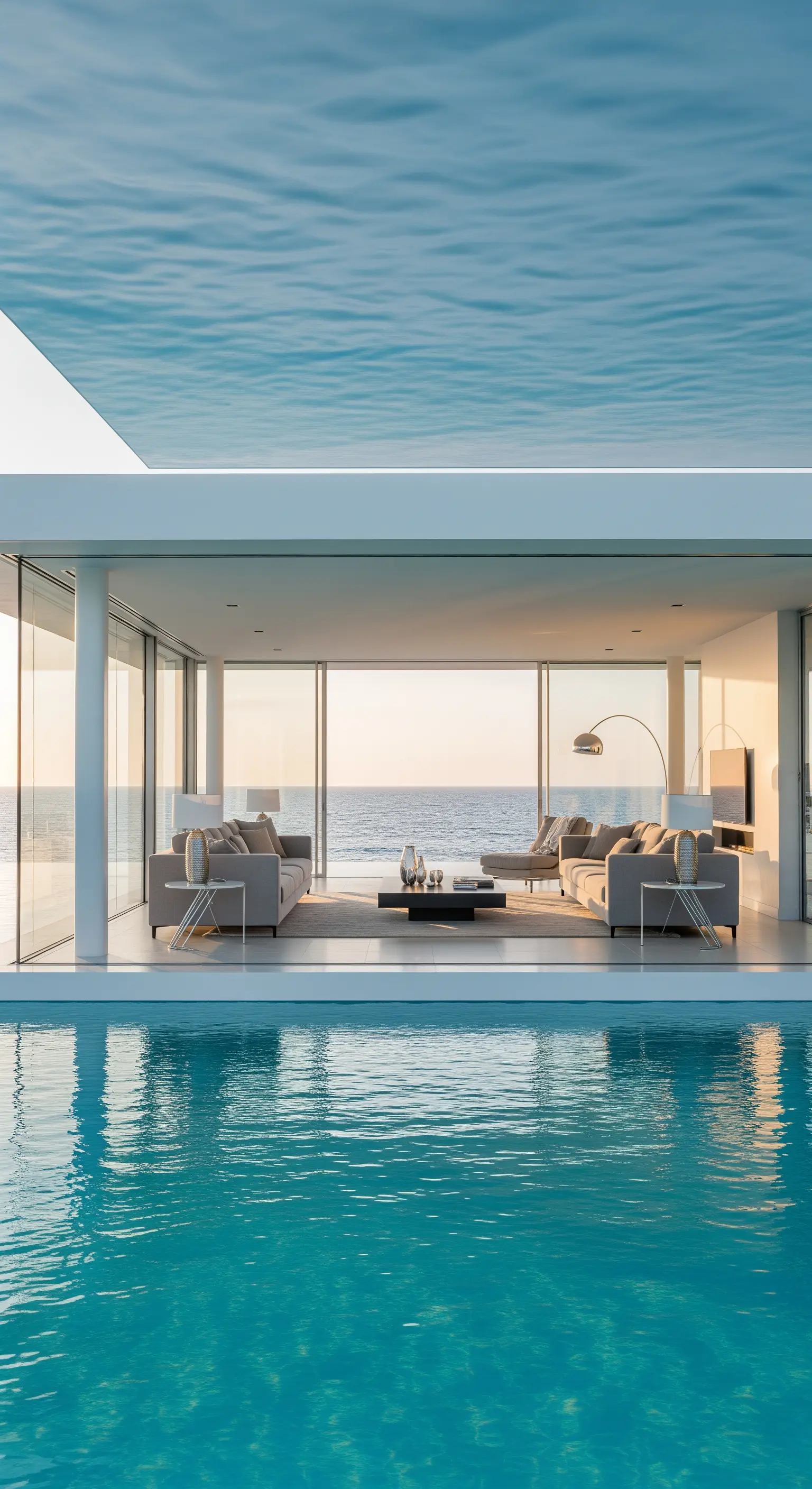 Architektonisches Wohnzimmer, Infinity-Pool, Meerblick, minimalistisches Design