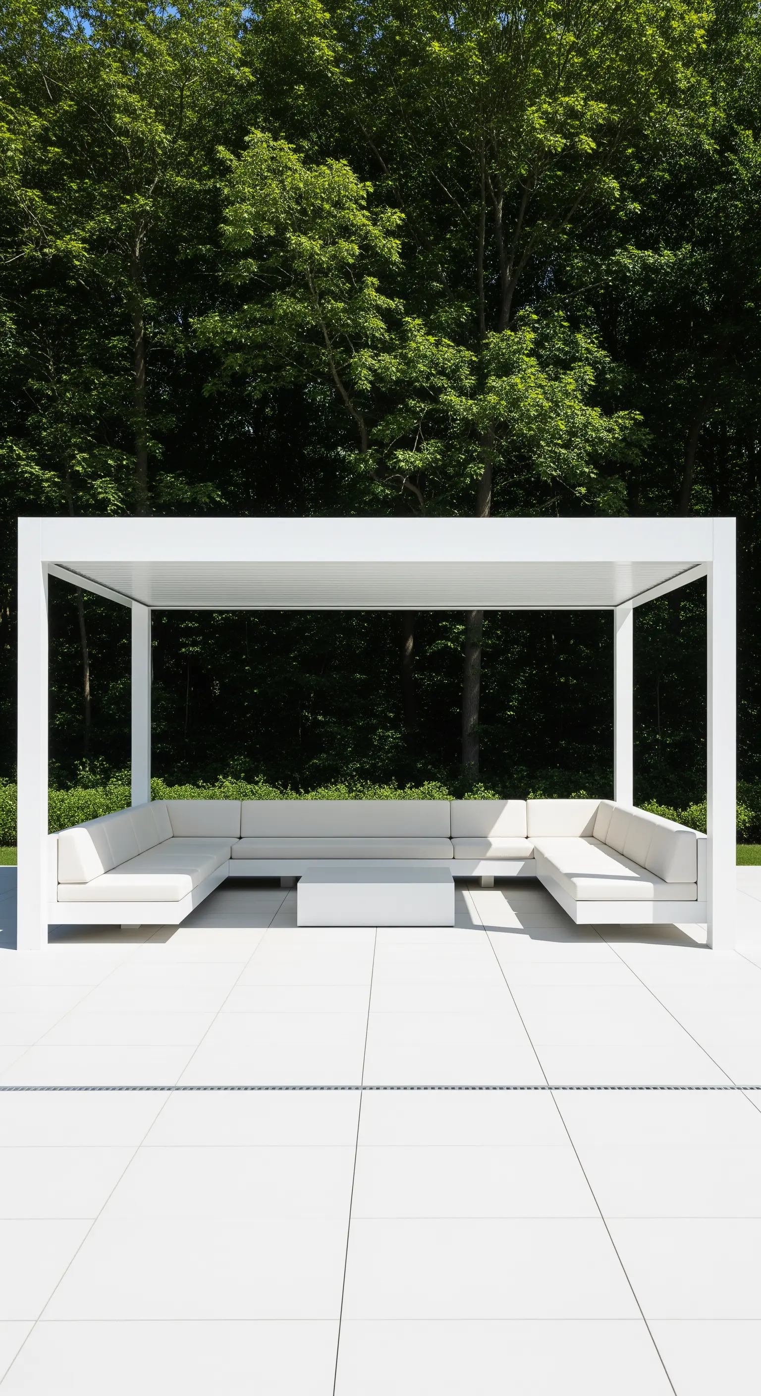 Weiße moderne Pergola mit Lounge auf weißem Patio
