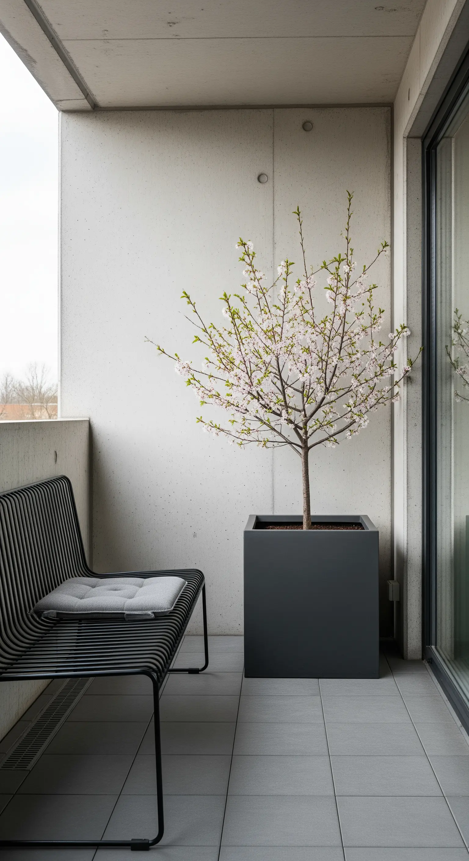 Minimalistischer Betonbalkon mit einem Kirschblütenbaum in einem dunklen Kübel.