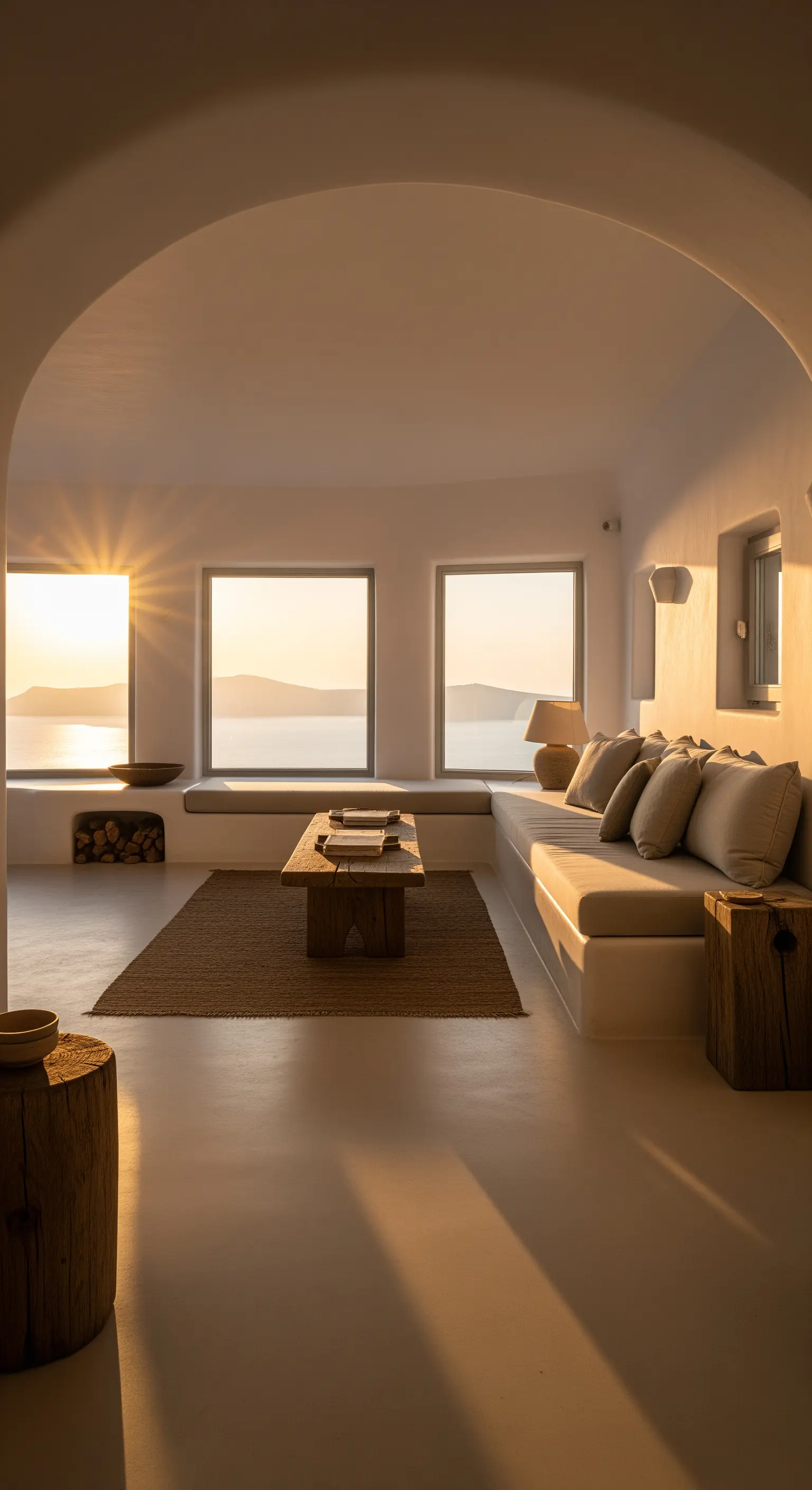 Minimalistisches Wohnzimmer im griechischen Stil mit weiß verputzten Wänden und eingebauter Sitzbank bei Sonnenuntergang.