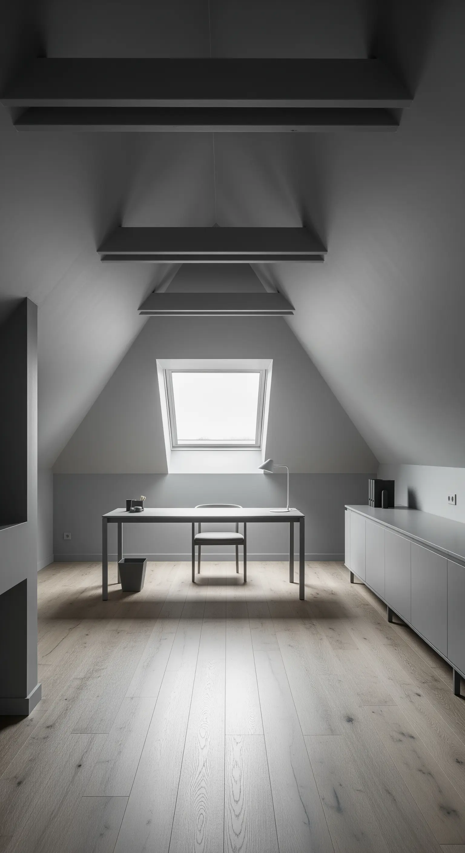 Minimalistisches Homeoffice im Dachgeschoss mit grau gestrichenen Wänden und einem Schreibtisch unterm Fenster.