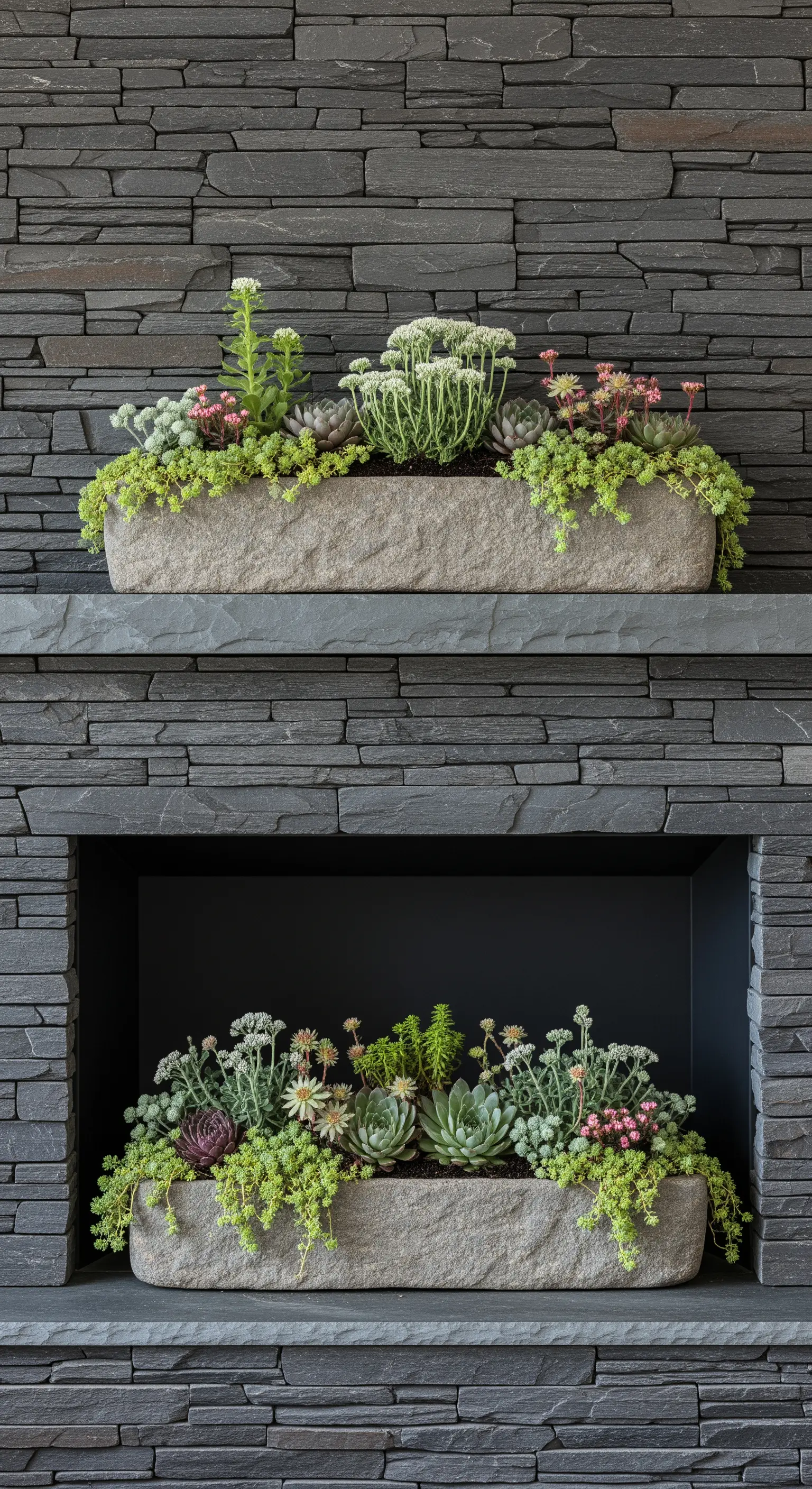 Zwei längliche Stein-Pflanzgefäße mit verschiedenen Sukkulenten auf einem modernen Schieferkamin
