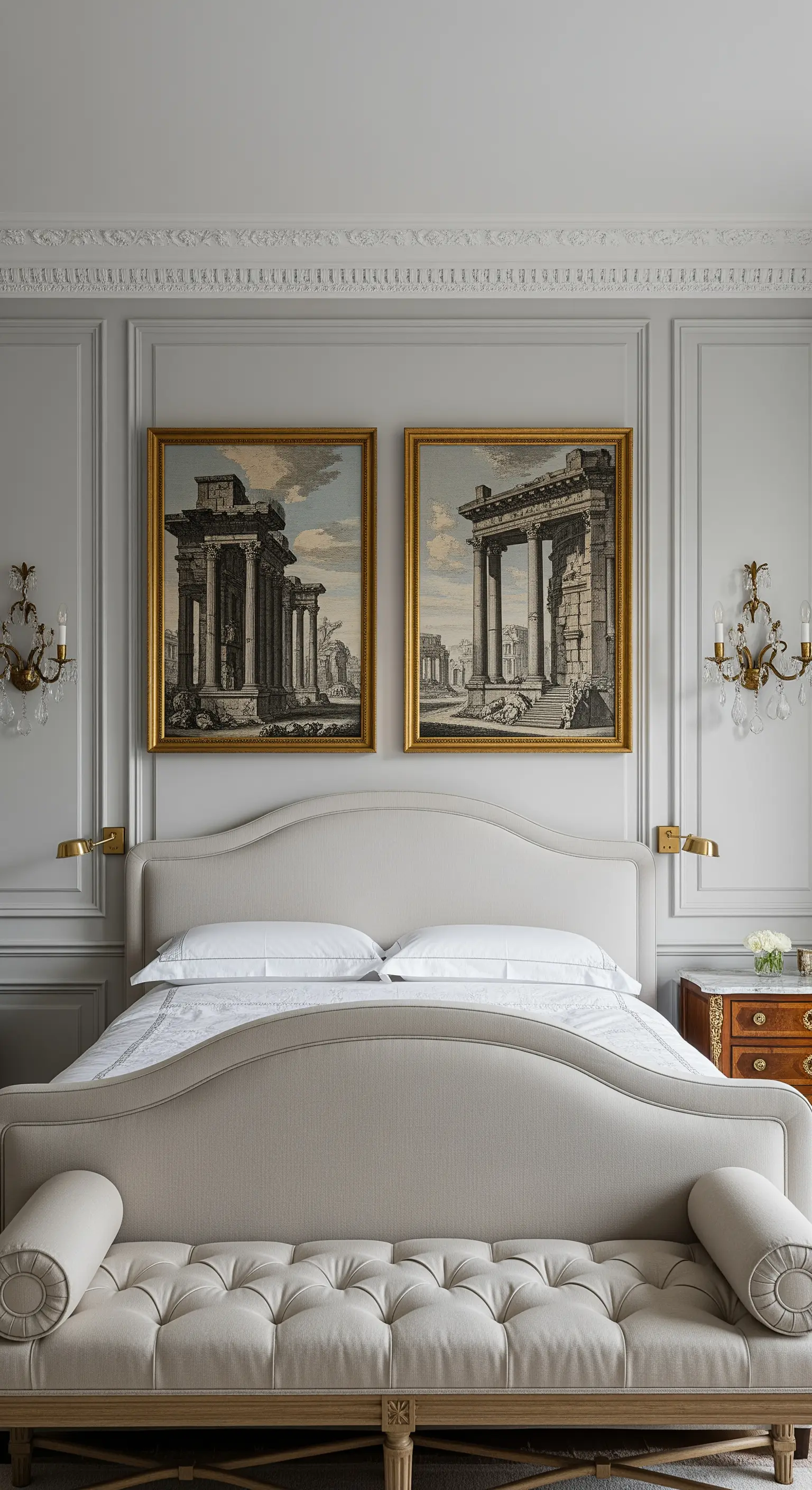 Neoklassisches Schlafzimmer mit zwei Architekturzeichnungen in goldenen Rahmen über dem Bett.