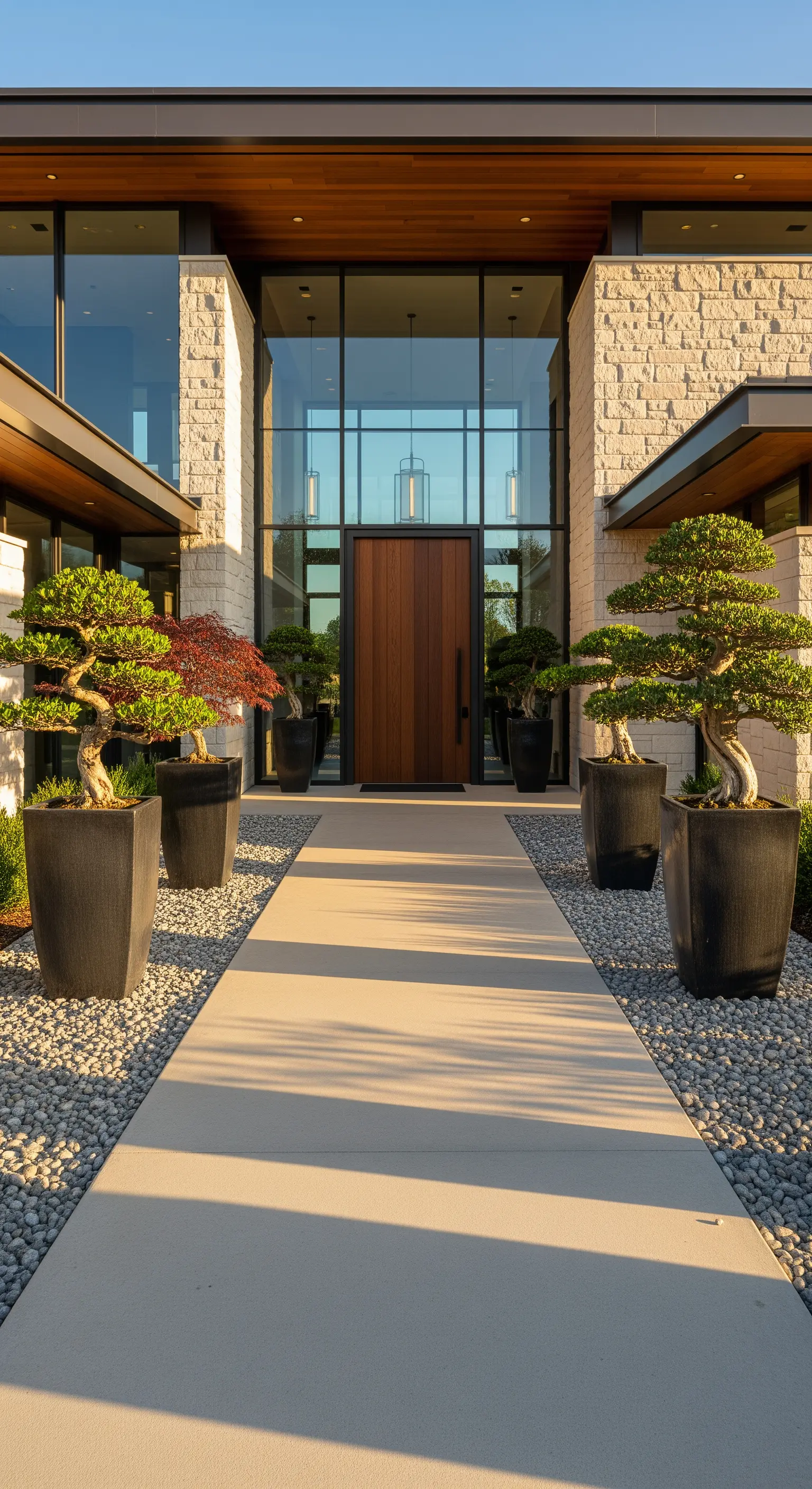 Symmetrischer Eingang mit Bonsai in dunklen Würfeln und geradem Weg auf Kies