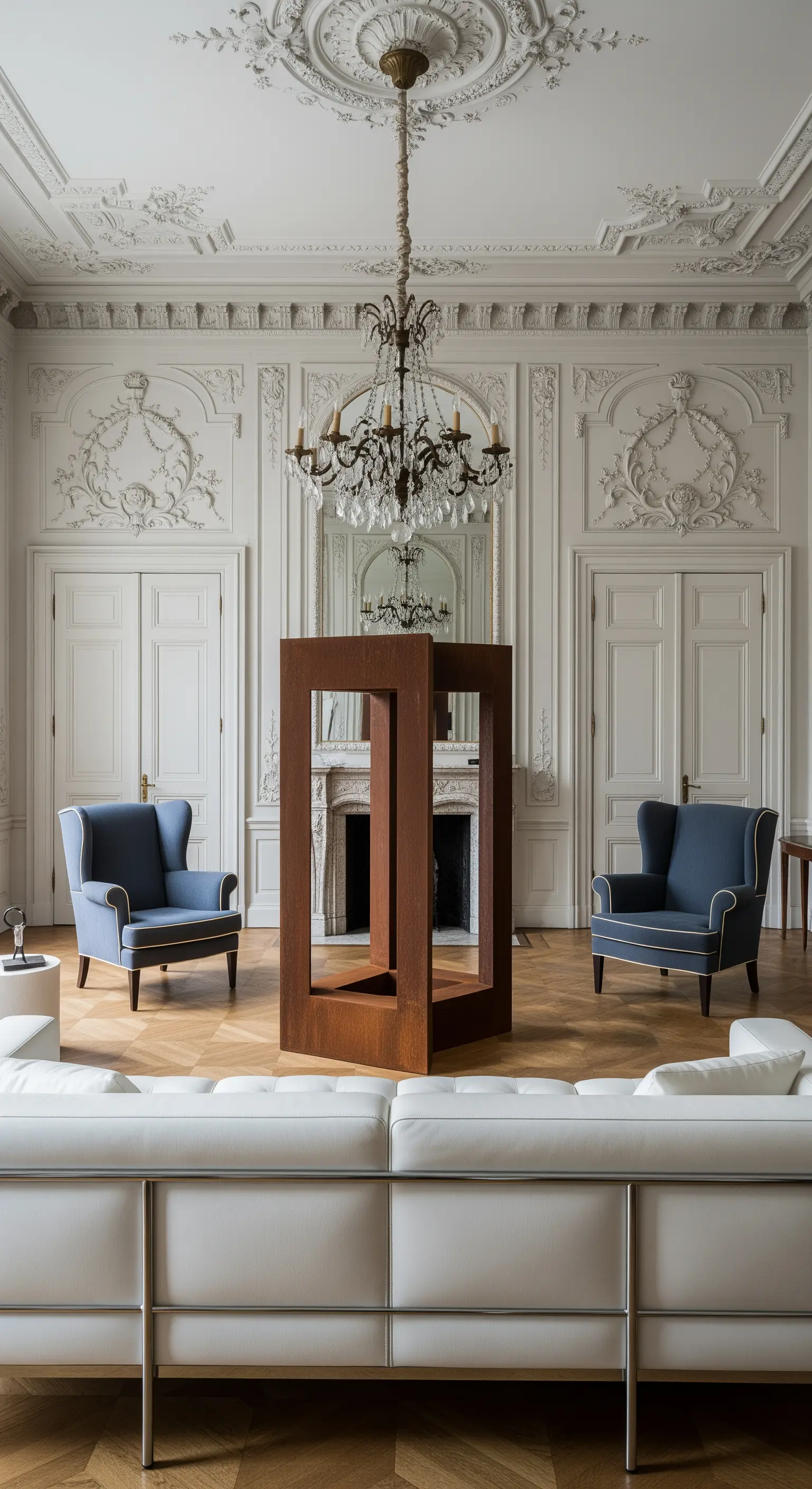 Große, rechteckige Skulptur aus Cortenstahl in einem klassischen Altbau-Wohnzimmer.